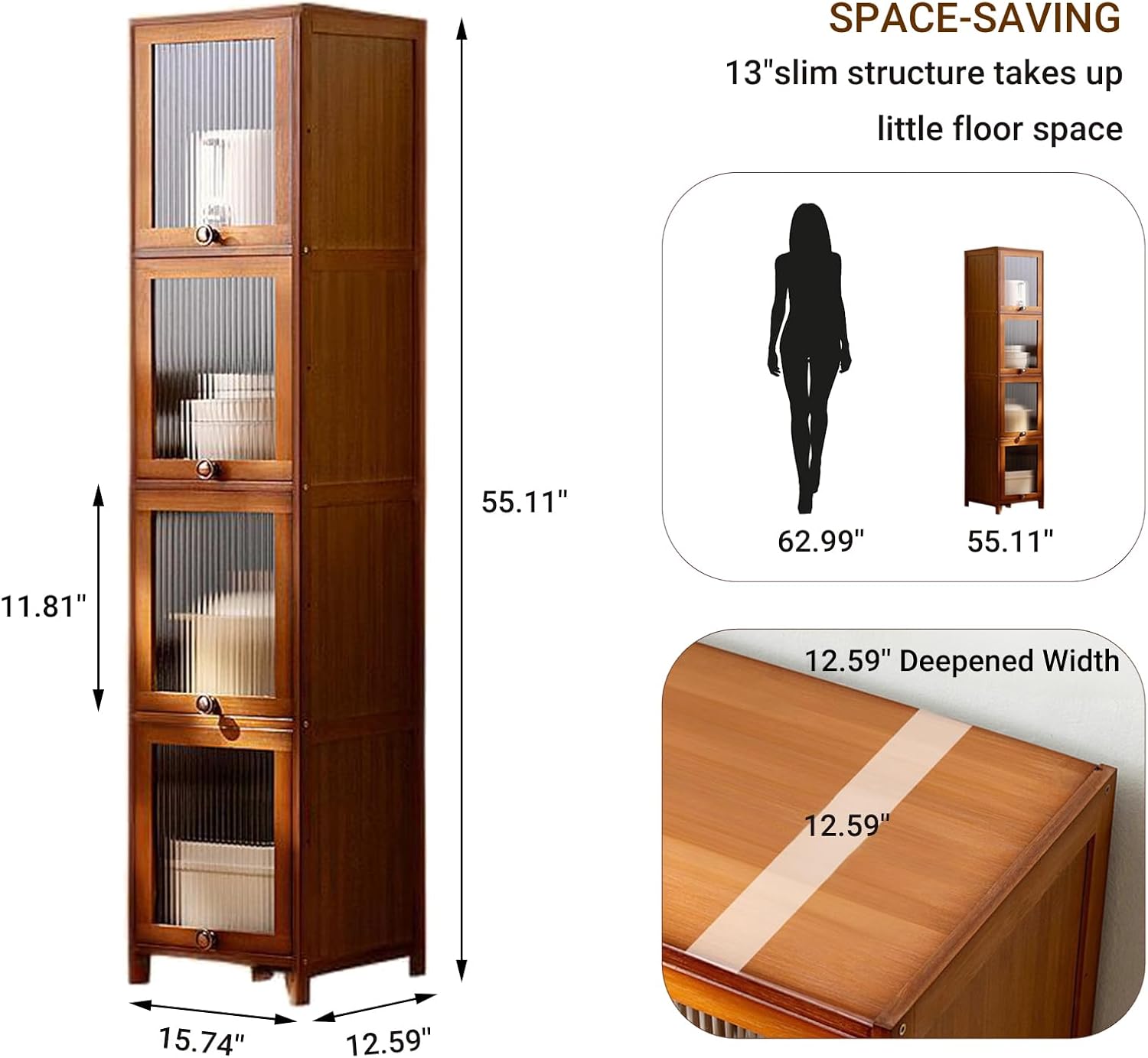 4-Tier Wooden Corner Bookshelf, Book Shelf with Magnetic Flap Doors, 55'' Bamboo Skinny Bookcase Estantes, Cube Bookshelf for Home Office, Living Room,Brown