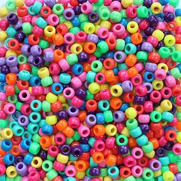Neon Rainbow Mix - Plastic Pony Beads, Made in the USA, 6 x 9mm, 700 Beads, Bulk Large Hole Beads for Jewelry Making, Banners, Concert Festival Bracelets, Necklaces, Art & Fashion