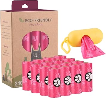 WDFAACK Biodegradable Dog Poo Bags with Holder-240 Large Poop Bags, Corn Starch Blended Compostable Bag, Extra Thick Strong Leak Proof Waste Bag for Dogs Pink
