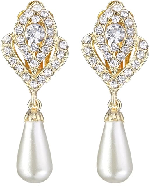 EVER FAITH Gold-Tone Austrian Crystal Cream Simulated Pearl Flower Bud Clip-on Dangle Earrings Clear