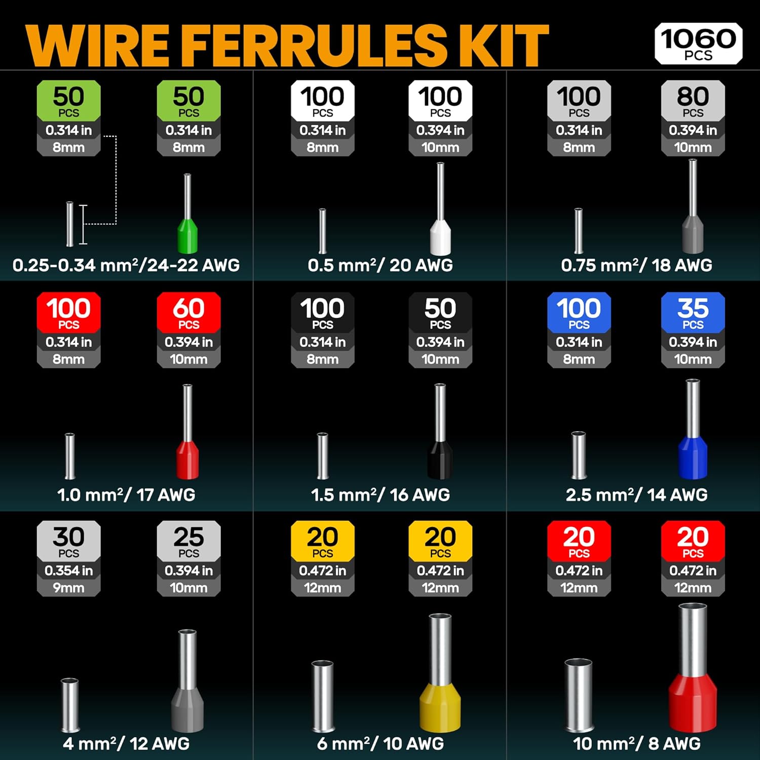 SOMELINE Ferrule Crimping Tool Kit, Self-Adjusting Pliers for Wire Ferrules AWG 24-8, With 18 Sizes Insulated and Non-insulated Wire Ferrules Terminals, Square Crimp Connector Assortment Kit