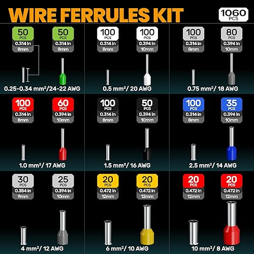 Miniatura 38 de SOMELINE Kit de herramientas de crimpado de virola, alicates autoajustables para virolas de alambre AWG 24-8, con terminales de casquillo de alambre