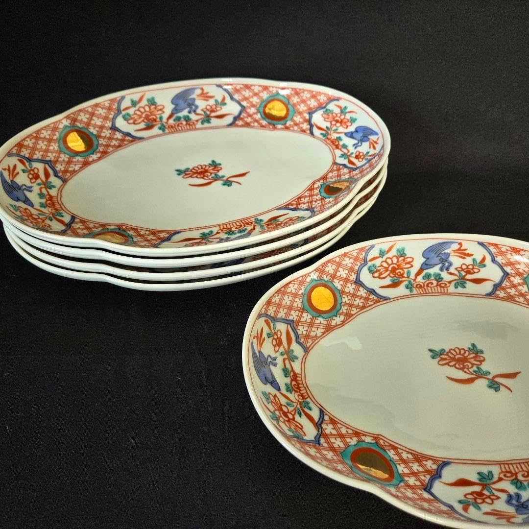 たち吉 赤絵 花鳥 金彩 丸紋 楕円皿 5枚セット 中皿 長皿 古