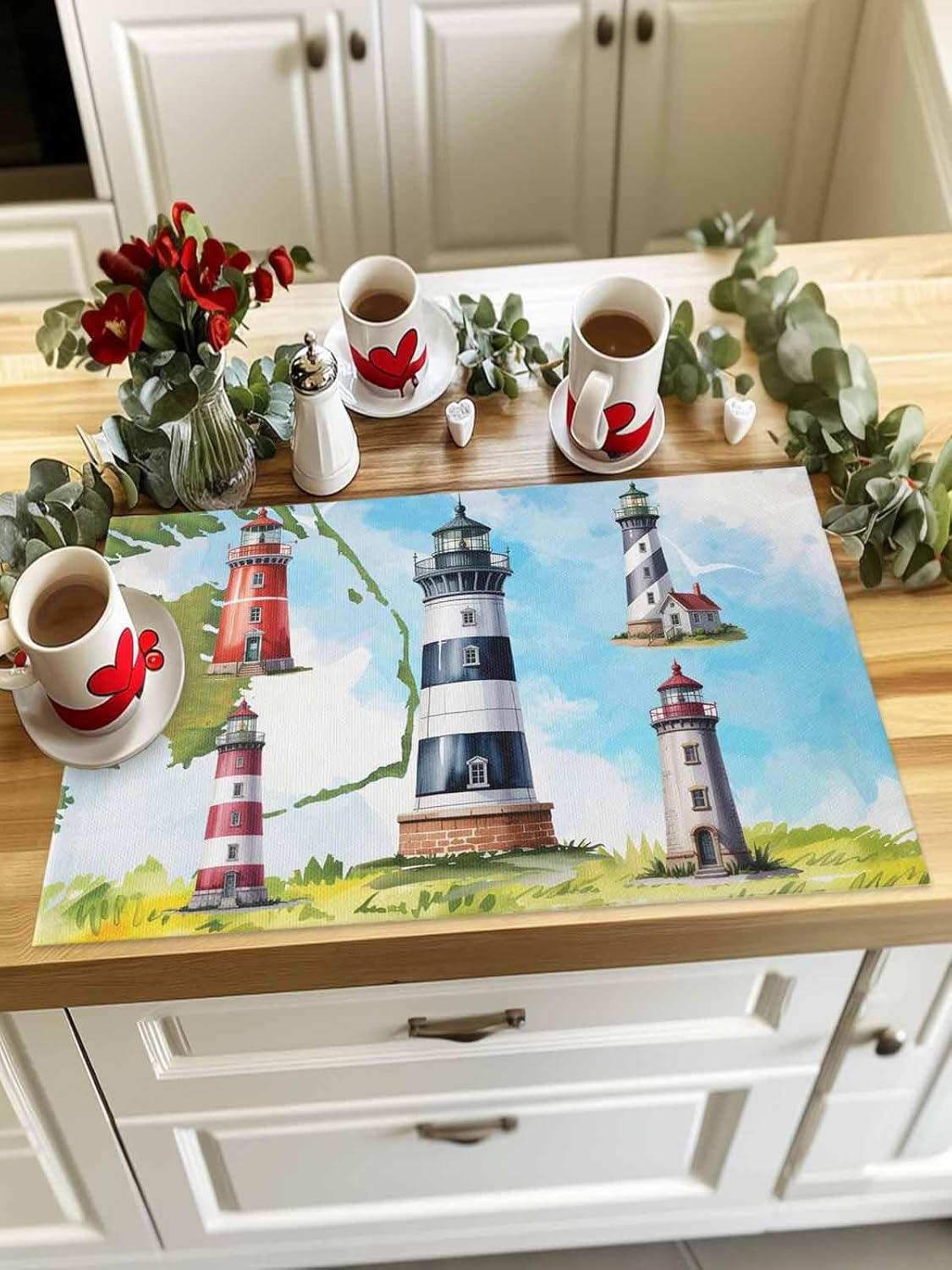 Ocean Lighthouse Placemats Set of 4, Nautical Coastal Island Vintage Watercolor Placemats for Dining Table Place Mats for Kitchen Table Waterproof Table Mats, Wipeable Dining Table Set