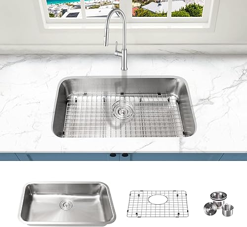 KABCO Fregadero de cocina de acero inoxidable de 30 pulgadas compatible con la ADA, con colador de fregadero, cesta de basura extraíble y rejilla de