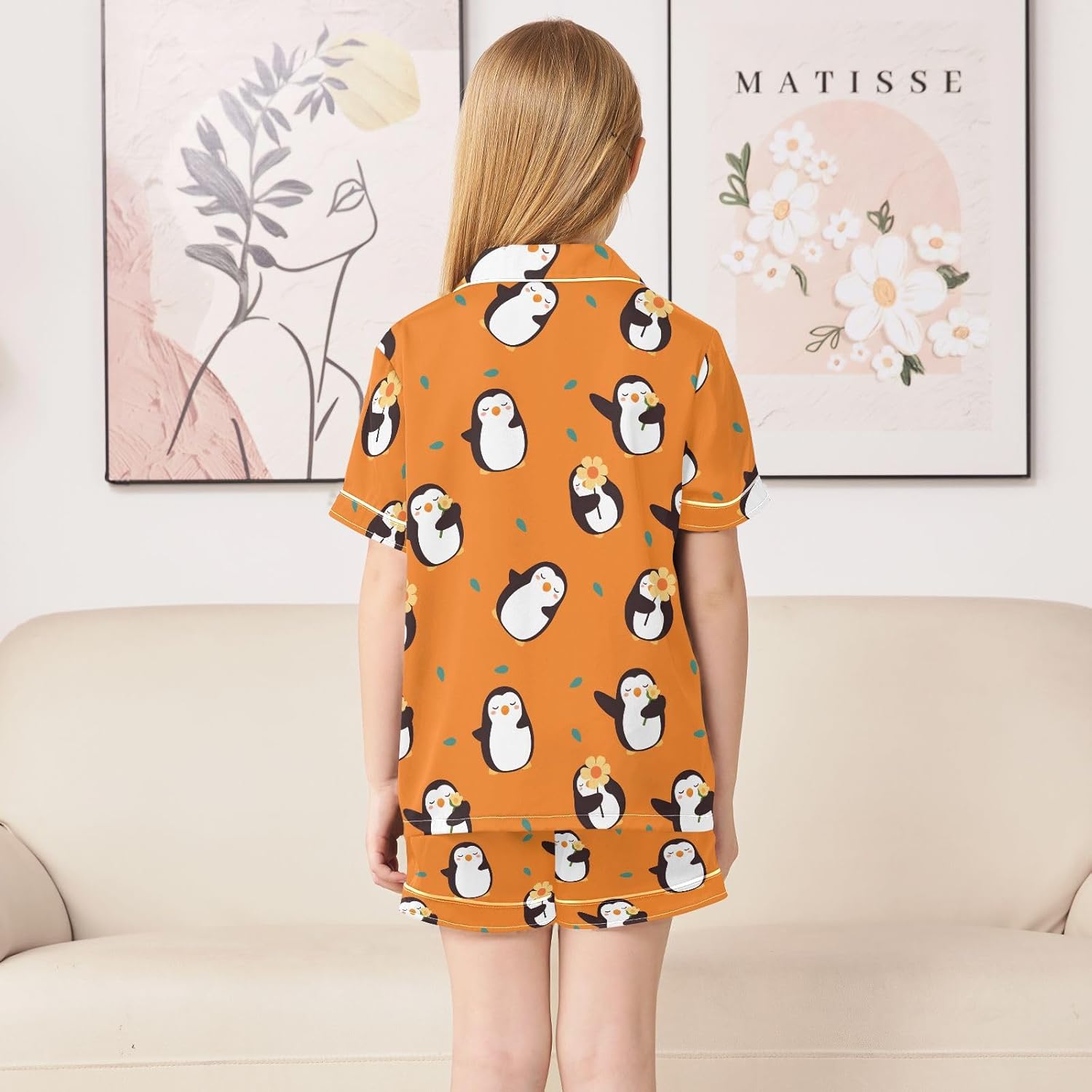 Kids Satin Wear Set Penguin Holding Flower Pattern Relaxed Fit Clothing Short Sleeve and Shorts