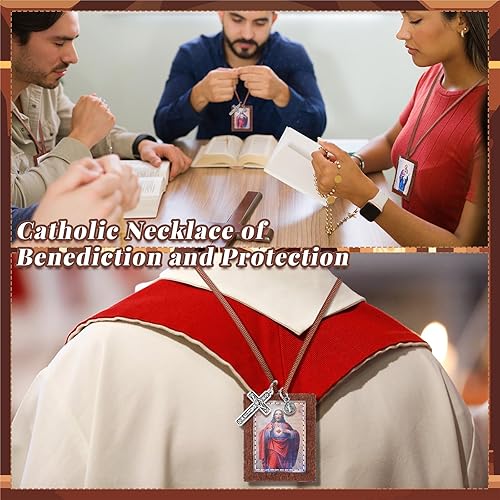 Miniatura 6 de Wavwavw 6 piezas de collar de Escapulario marrón sagrado de Nuestra Señora del Monte Carmelo y Jesucristo con medalla de Benedicto XVI y Crucifijo