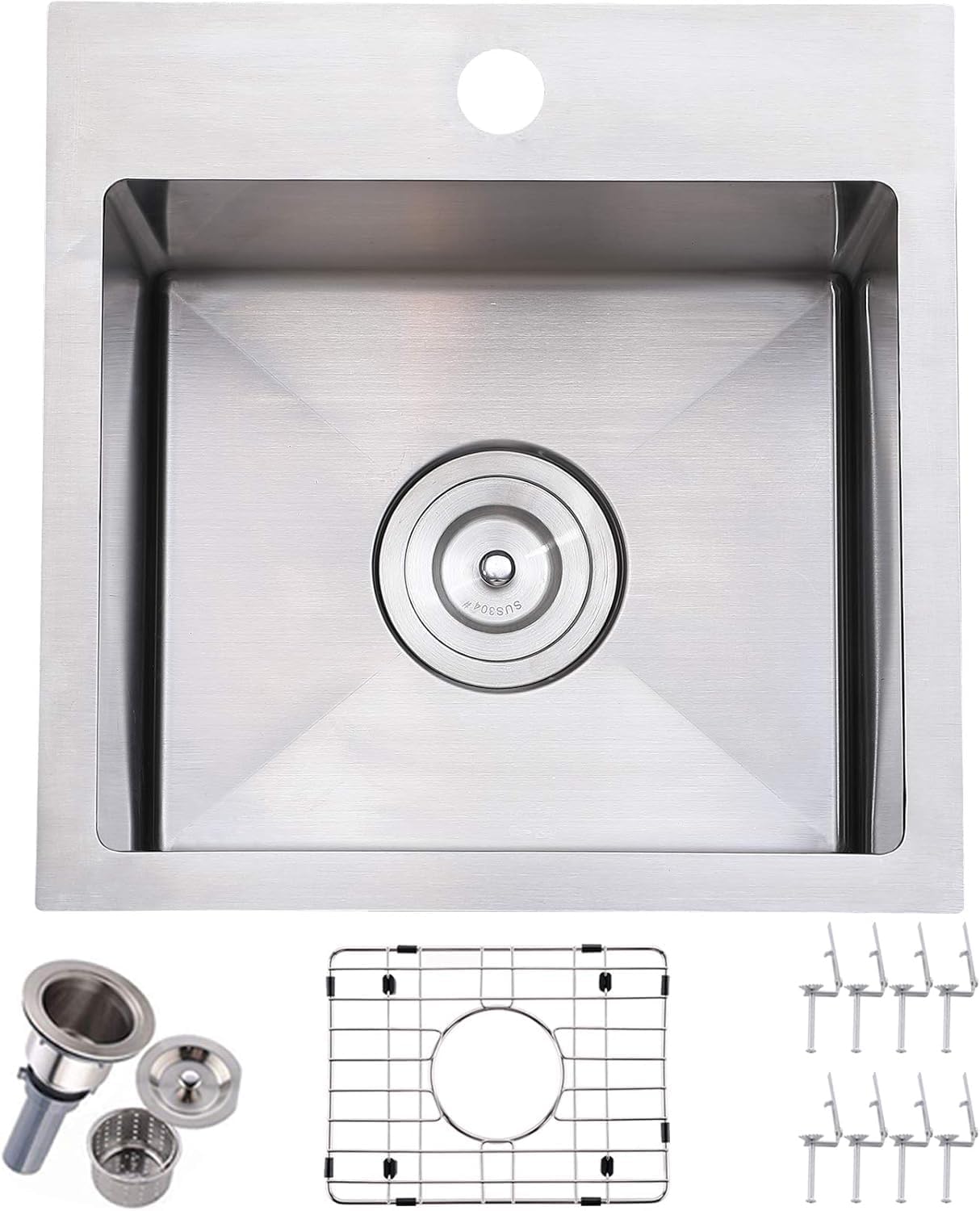 15x15 Inch Bar Sink Drop In, Topmount Kitchen Sink Stainless Steel Square Small Sinks, Single Bowl Kitchen Sinks for Laundry Wet Bar Prep RV Office Outdoor Yard with Grid & Drain