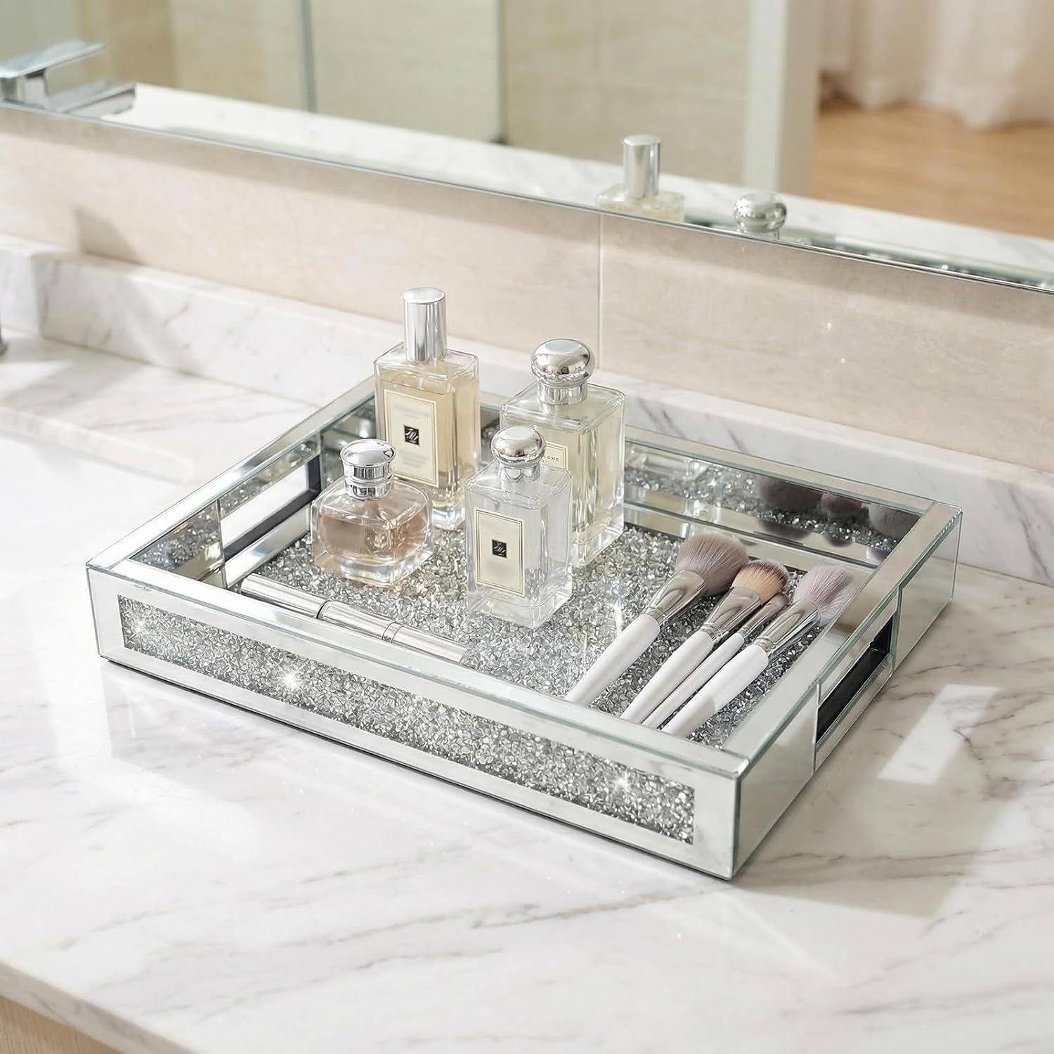 Large Vanity Tray for Perfume Organizer, 15x11 Inch Silver Mirror Tray with Handles, Crushed Diamond Tray for Bathroom Counter, Coffee Table Decor, Jewelry Display
