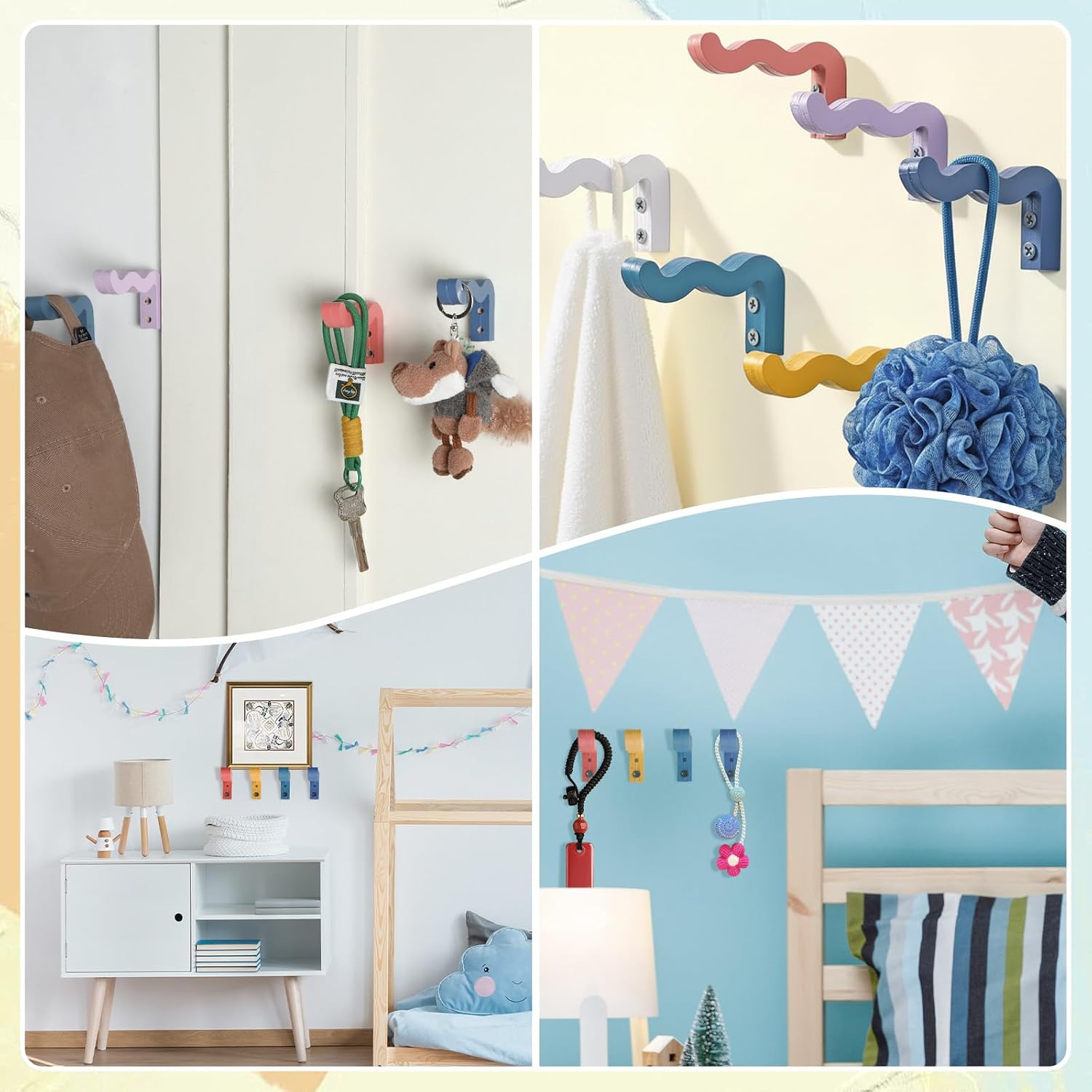 6 Pack Cute Wall Hooks Colorful Wavy Shaped Decorative Wall Hooks for Hanging Key, Coat, Hat, Necklace Morandi Nursery Hangers for Playroom Bedroom Bathroom Classroom Entryway Organization