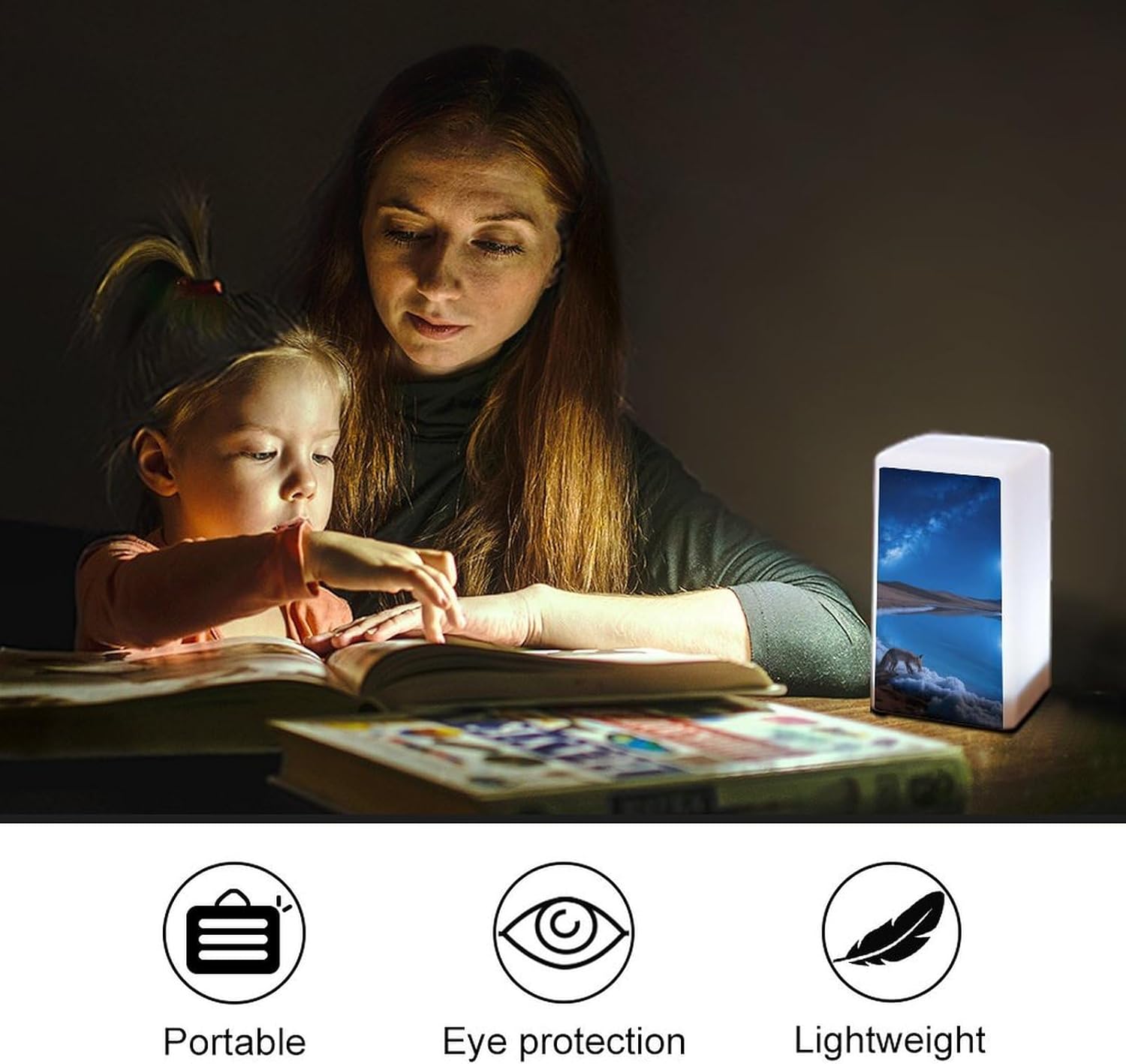 Dimmable Portable Desk Lamp Reading Table Lamp Moonlight and Foxes Bedside Night Light Battery Powered for Home Office Gift