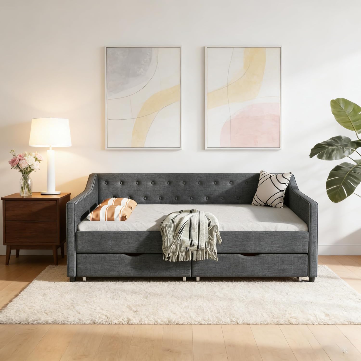 Twin Size Daybed with Drawers,Linen Fabric Day beds w/Storage & Button on Back and Piping on Waved Shape Arms,Upholstered Tufted Sofa Bed for Living Room, Bedroom, and Guest Room,Dark Grey