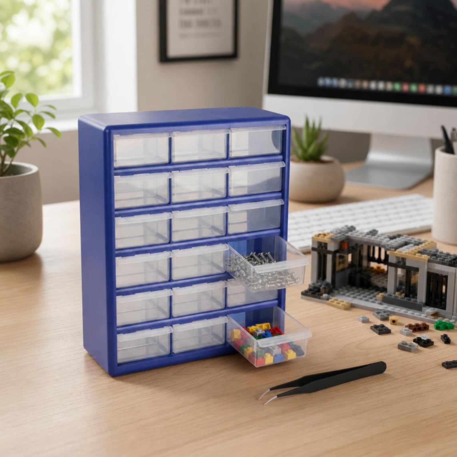 Gralara Organizzatore a Cassetti Cassetti Trasparenti Rettangolare Cassettiera da Scrivania Compatta Mobili Contenitori, Blu