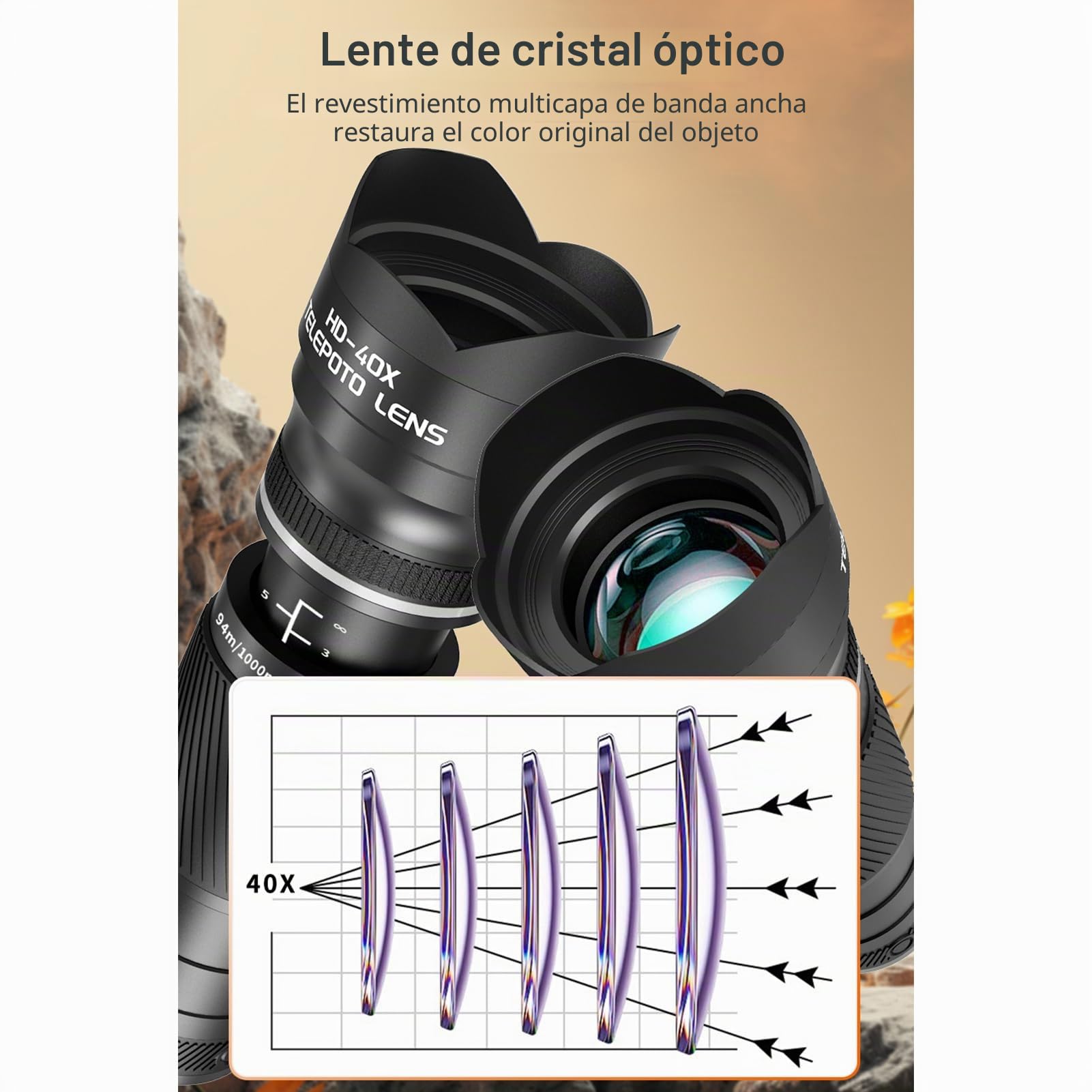 Andoer Objetivo de zoom de 40 aumentos con trípode, teleobjetivo telefónico telescopio para teléfono, lente de cámara para senderismo, camping, observación de la fauna, luna, deportes, juegos,