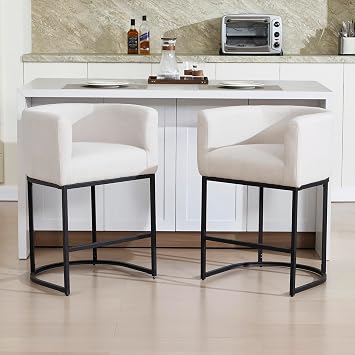 Counter Barstools Set of 2, 26Modern Linen Fabric Kitchen Island Stool, Upholstered Bar Chair with Black Tubular Frame for Bar, Kitchen, Dining Room, Cream