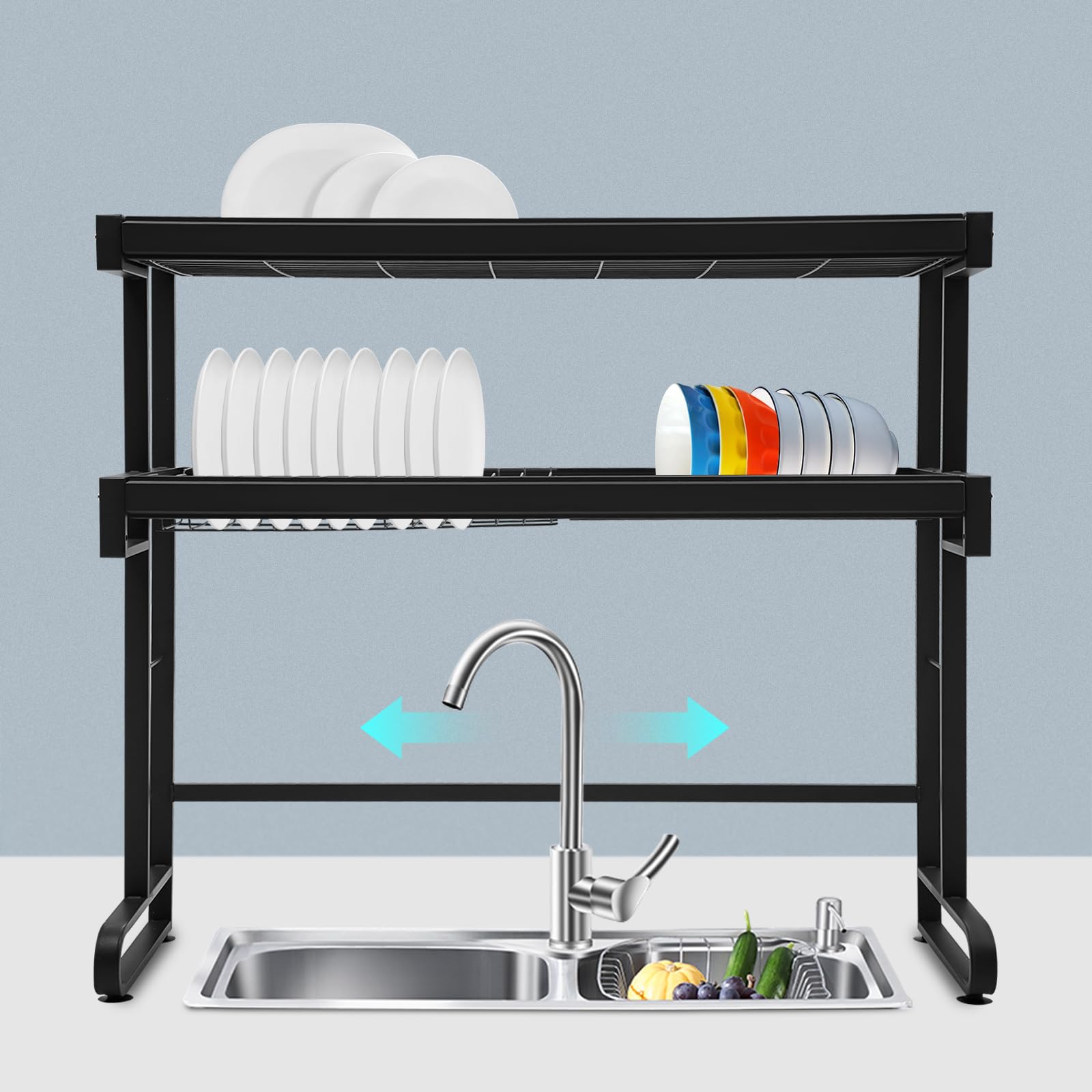 Escurridor de platos+estante de secado para platos+organizador de cocina+ahorro de espacio eficiente sobre el fregadero+86 cm doble nivel+capacidad de carga de 40 kg+negro+inoxidable+altura