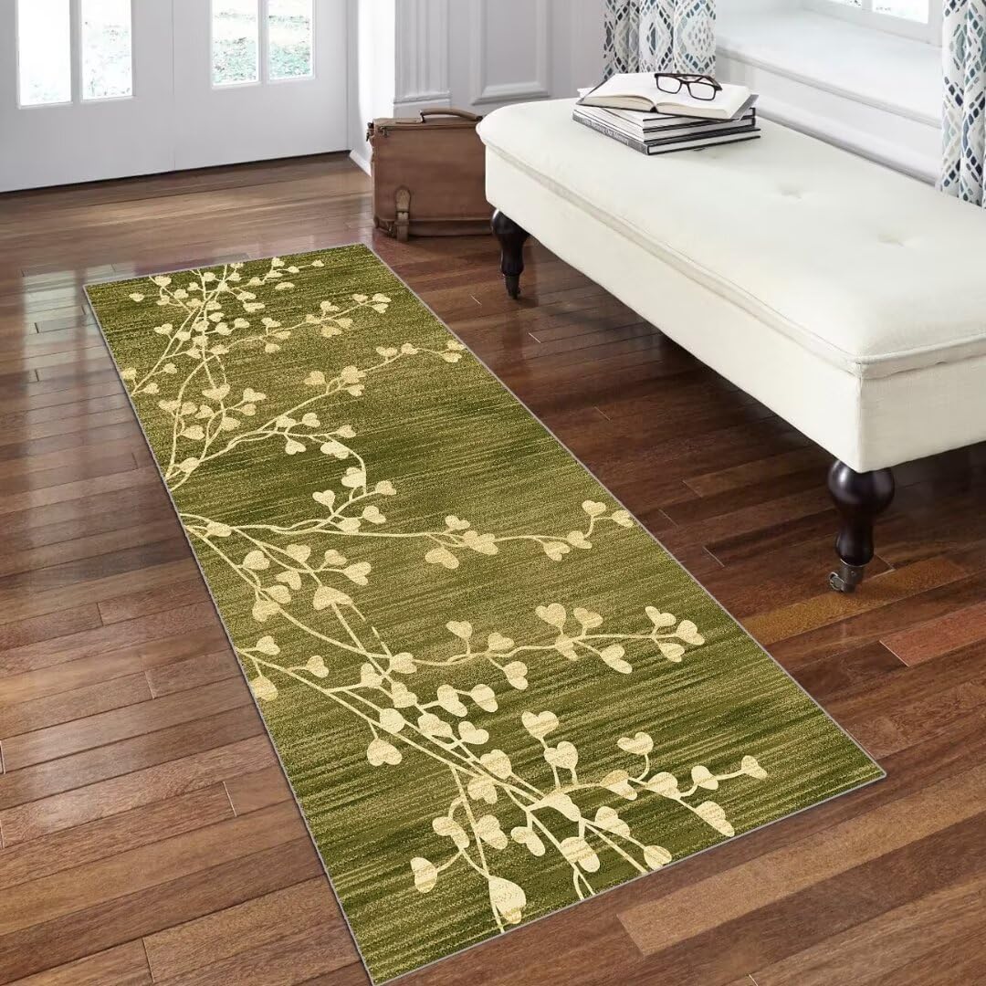 Grün Läufer Teppich Lang Vintage Flur Läufer rutschfest Waschbar 70x240cm Modern Blattmuster Dauerhaft Läuferteppich TeppichLäufer Küchen Korridor Polyester Anpassbar Meterware
