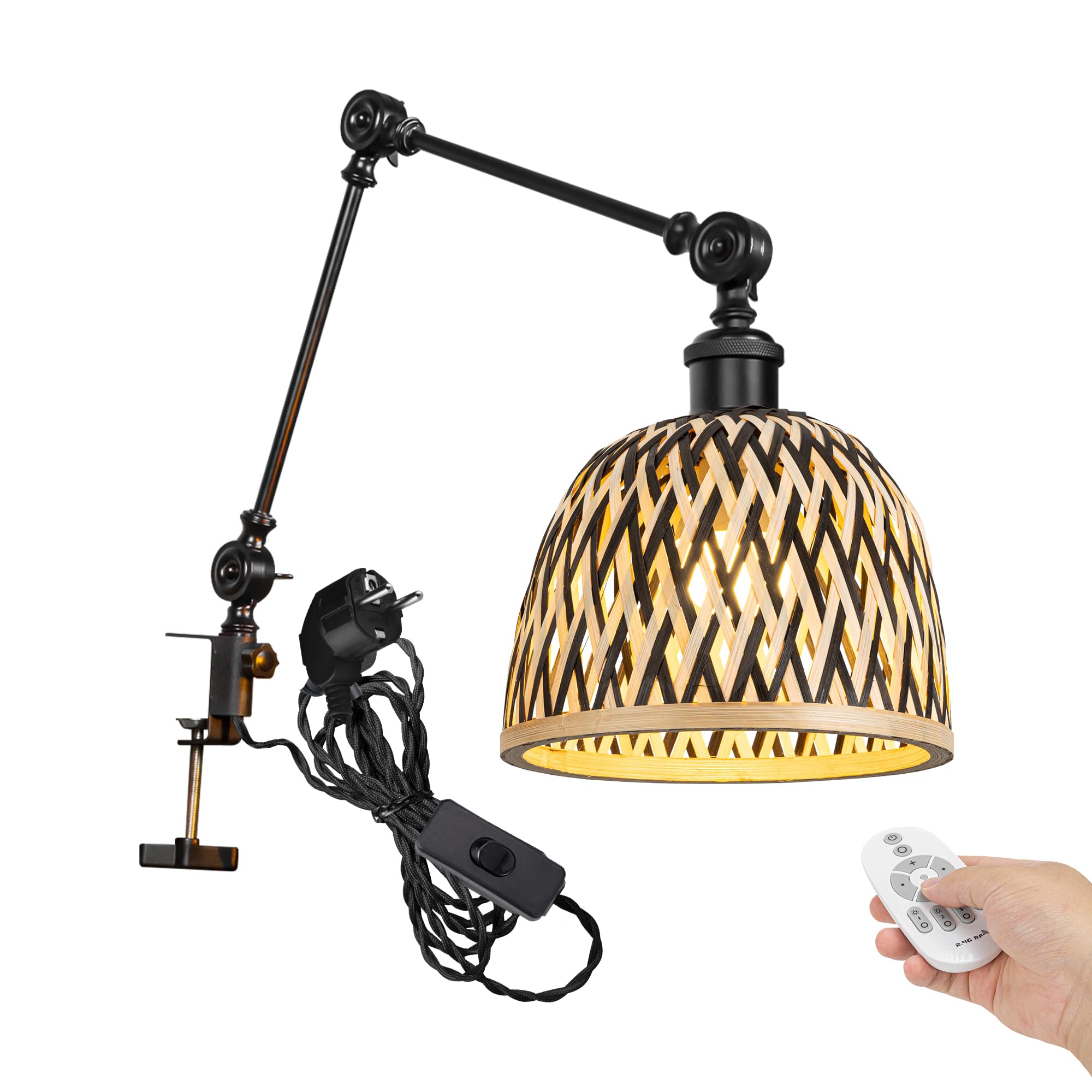 Lampada a pinza industriale con cavo 2,5 interruttori, telecomando, regolabile, clip da scrivania, lampada da lettura, dimmerabile, lampada da notte con braccio flessibile per scrivania