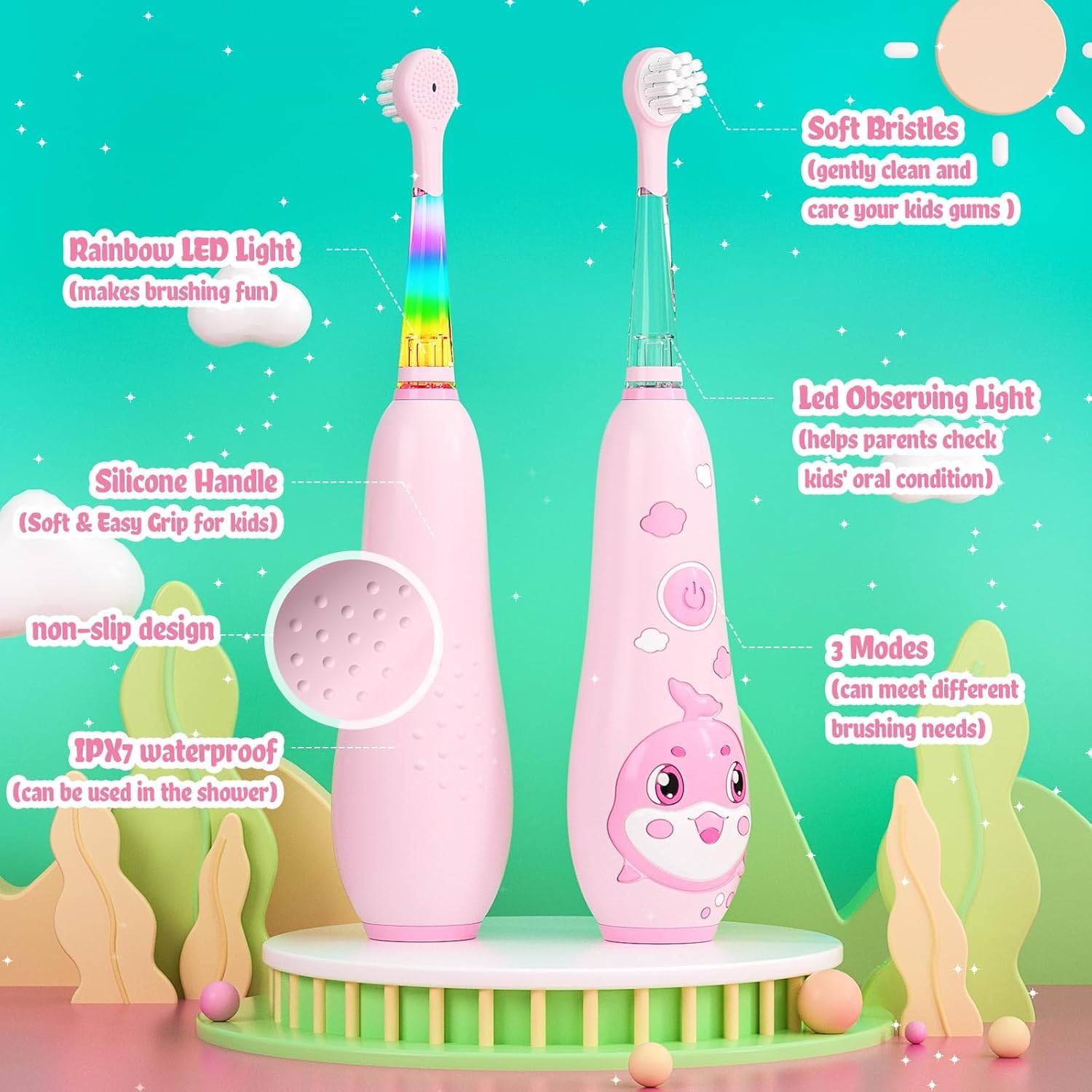 SEAGO Kids Electric Toothbrushes Rechargeable, Toddler Electric Toothbrush with Magnetic Charging, LED Observing Light, 8 Toothbrush Heads for Ages 2-4-6 Boys Girls (Pink) - Image 3