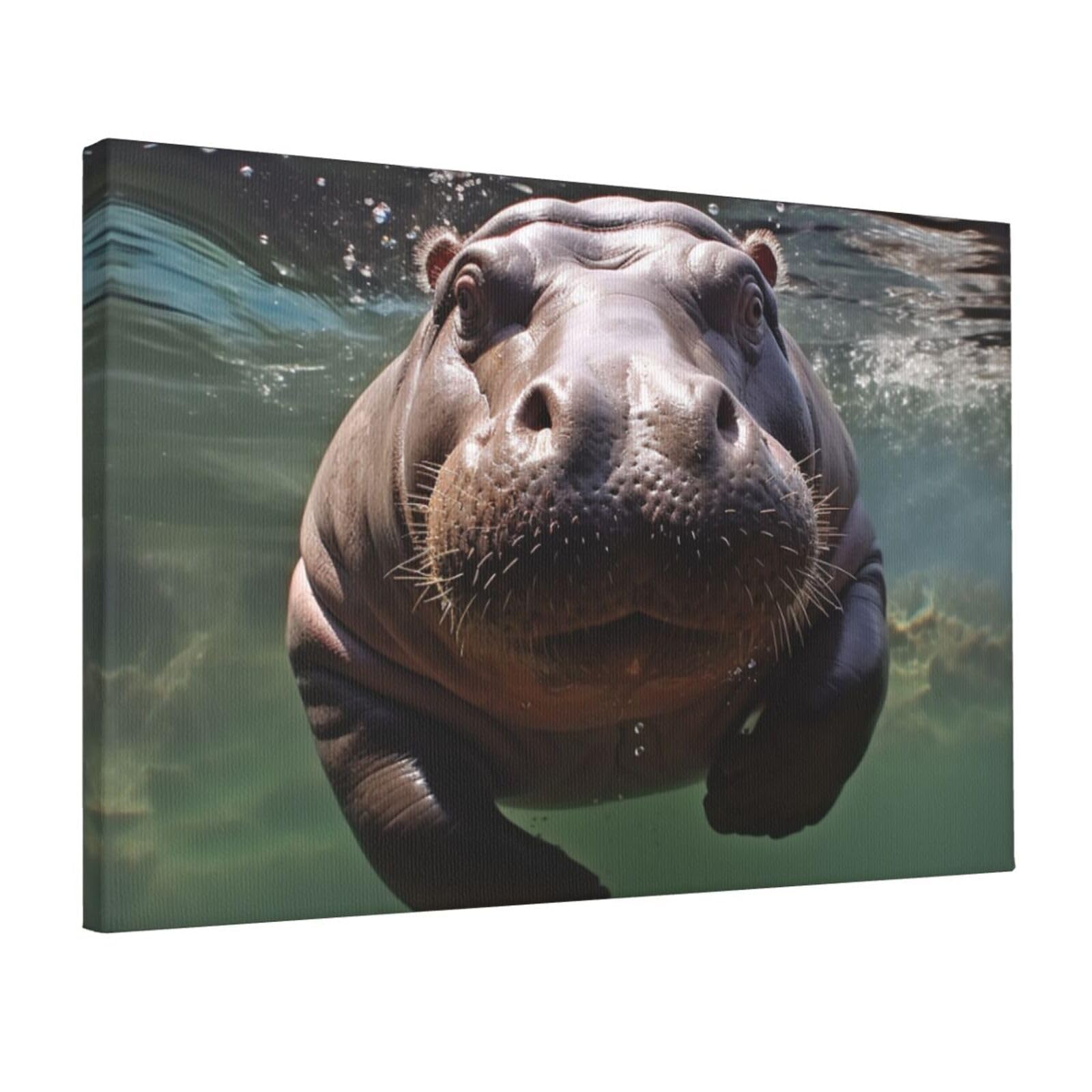 KLOPH Diving Hippo Canvas Wall Art for Living Room 12"x18" Modern Artwork Painting for Bathroom Hanging Canvas Prints Aesthetic Wallart for Bedroom Kitchen Office Wall Decor
