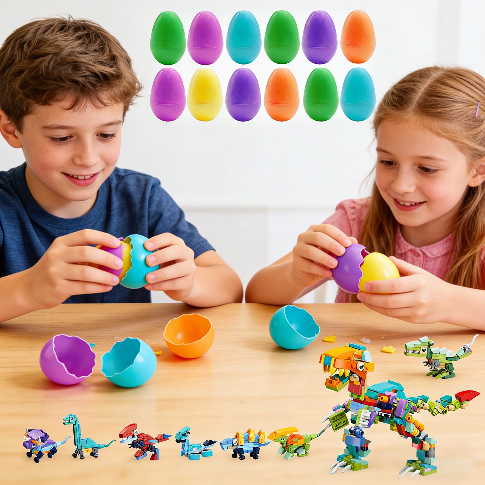 Zestaw 12 plastikowych jajek z klockami dinozaurów na wielkanocne kosze, zabawki edukacyjne, nagrody, niespodzianki na imprezy