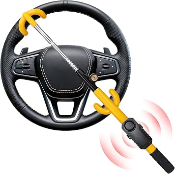ELECTOP Steering Wheel Lock with Alarm 113db Anti Theft Car Device Double Hooks Car Lock with Adjustable Locking and 2 Key Car Alarm System with Motion Sensor Universal Fit for Vehicle Truck Van SUV