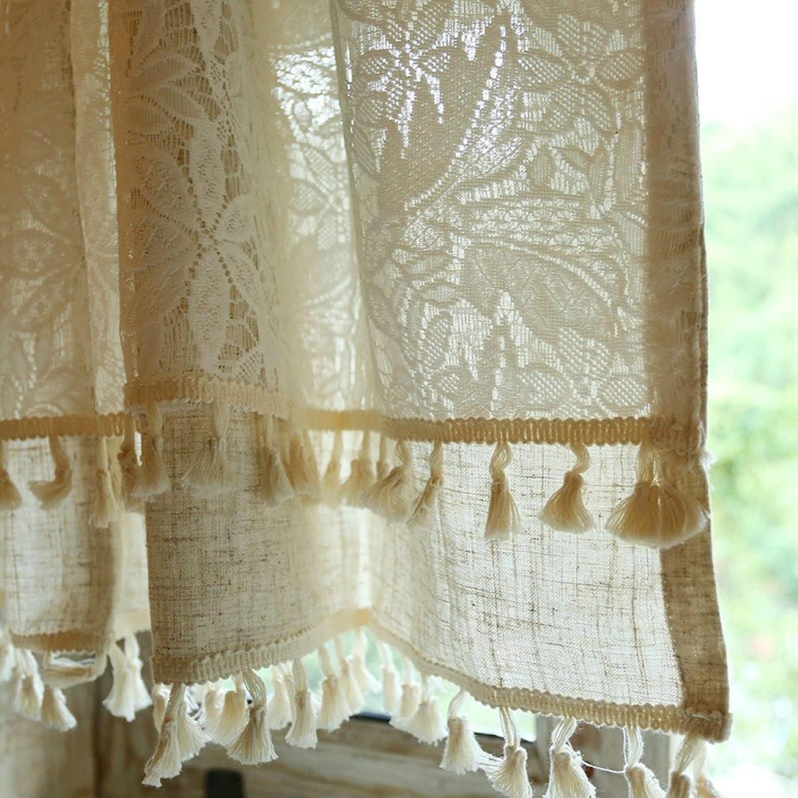 Zazdrostki do sypialni, zestaw 1 szt., 1 x 135 x 80 cm (wys. x szer.), krótkie zasłony, beżowo-białe, haftowane liście z frędzlami, zasłony z kieszeniami