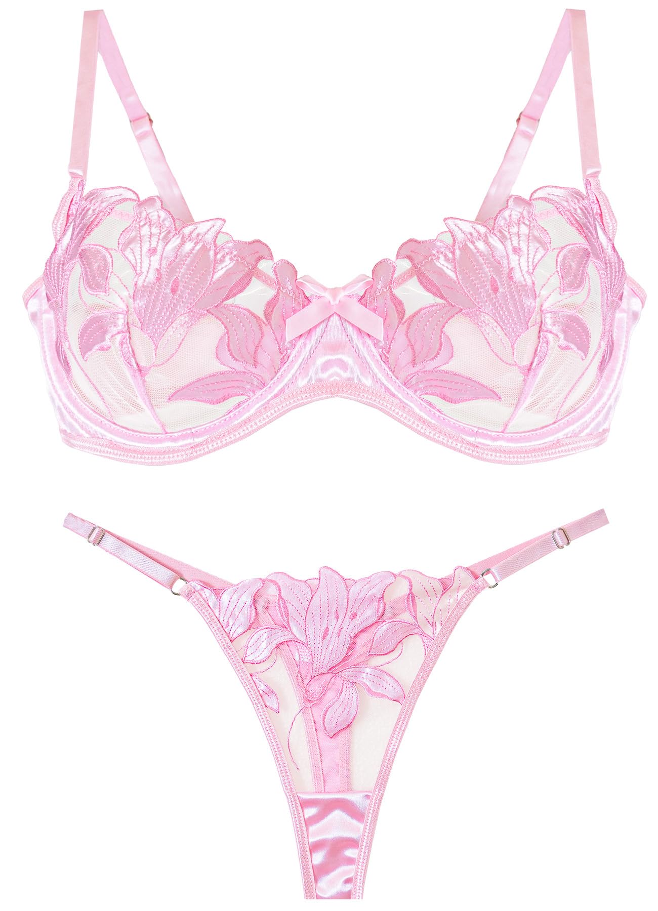 KEOYA Women's Sexy Floral Lace Lingerie Set Sheer Mesh Underwire Push Up Bra and Panty Sets 2 Piece See Through Lingerie - Small - B Pink