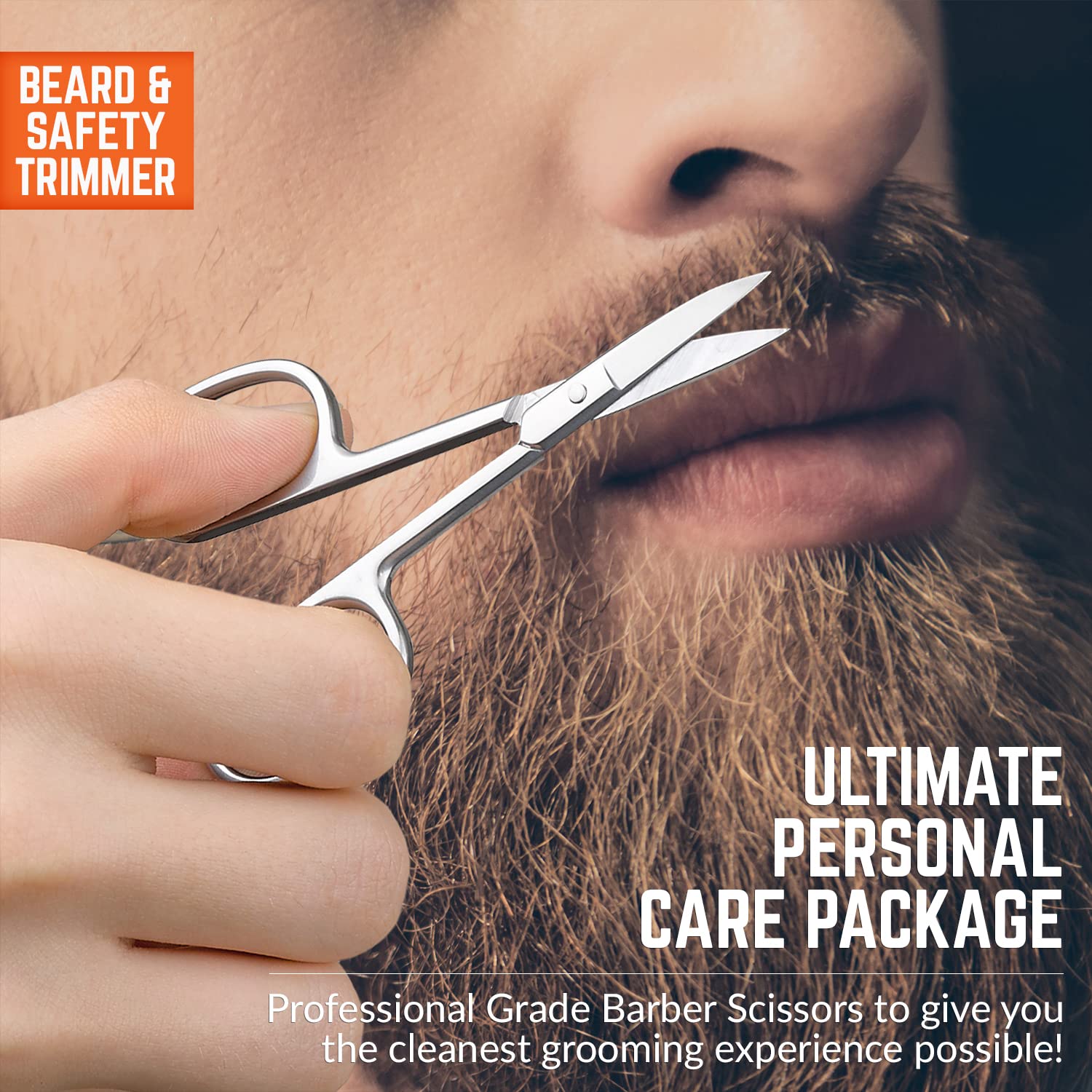 Tijeras de aseo de acero inoxidable: tijeras de cejas, barba y bigote, kit recortador de vello facial de punta pequeña, curva y redondeada, cortadora de cabello de nariz para hombre y estuche de viaje