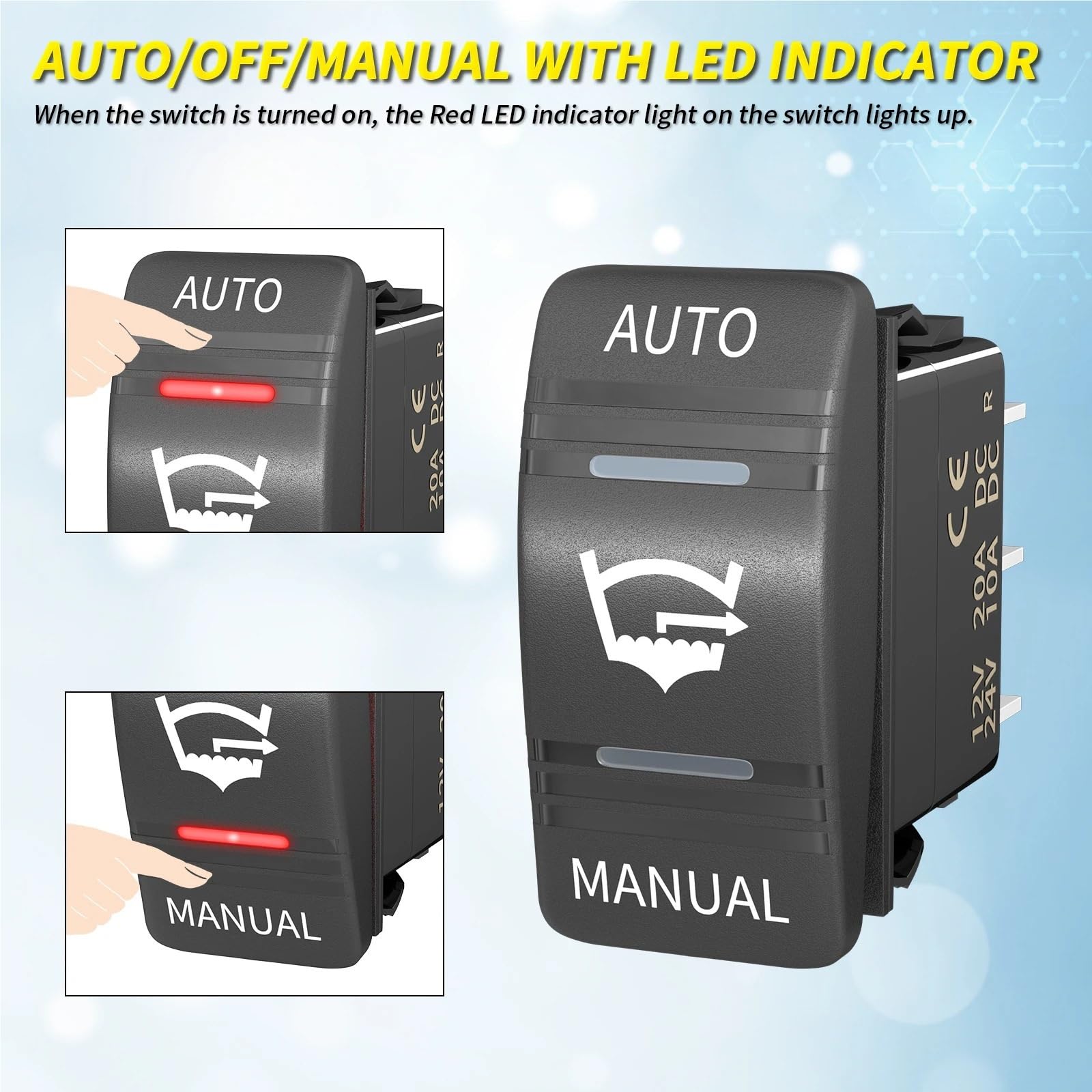 Interruttore a bilanciere for pompa di sentina a 3 vie, impermeabile, 12 V, 24 V, 4 pin, 20 A, SPDT, pannello interruttori for pompa di sentina automatico/spento/manuale con luce LED.