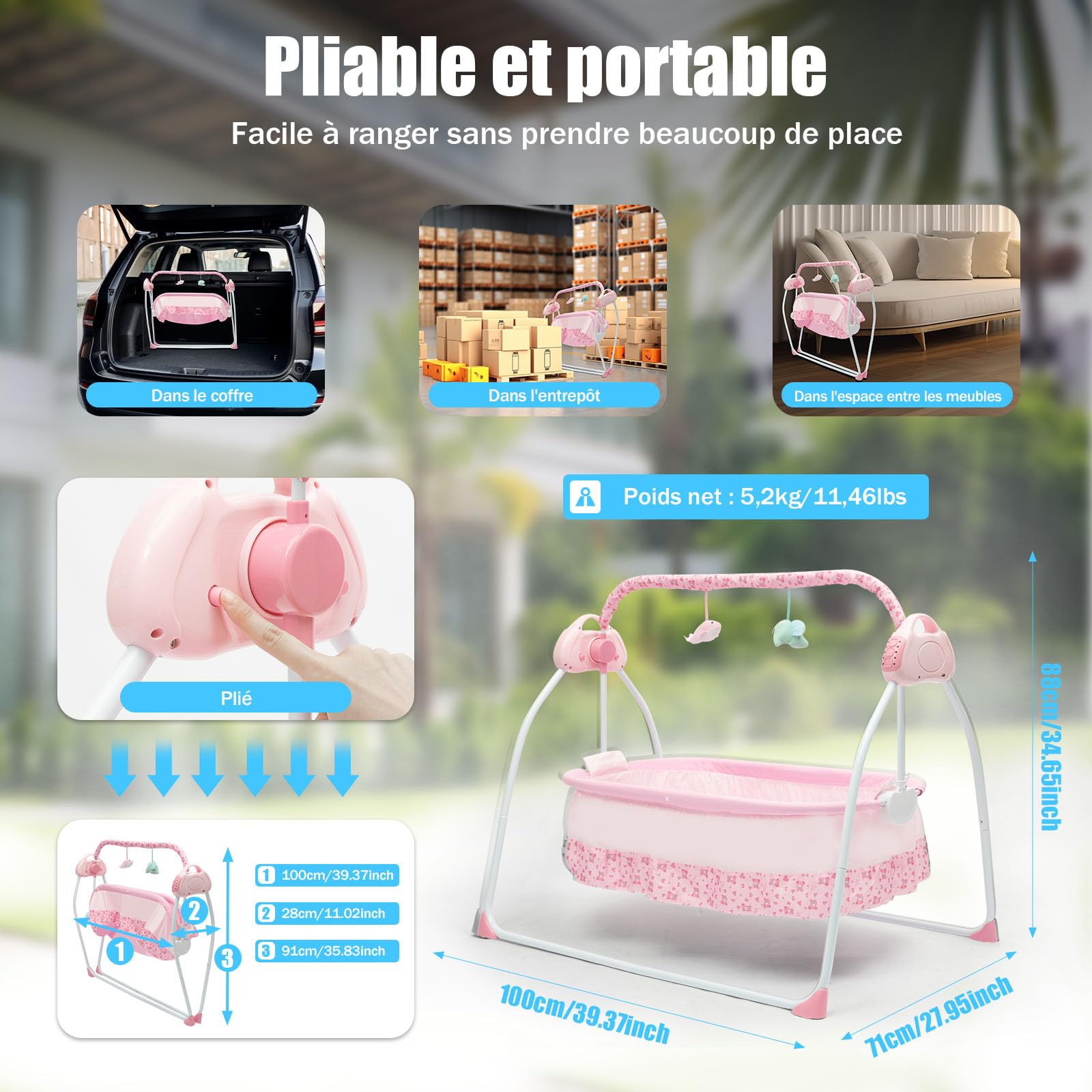 Berceau électrique pour bébé, lit Bebe indépendant, 0-25 kg, 100 * 75 * 86cm, transat Automatique avec Bluetooth, 5 réglages de Balancement, Berceau Pliable et Portable, Rose