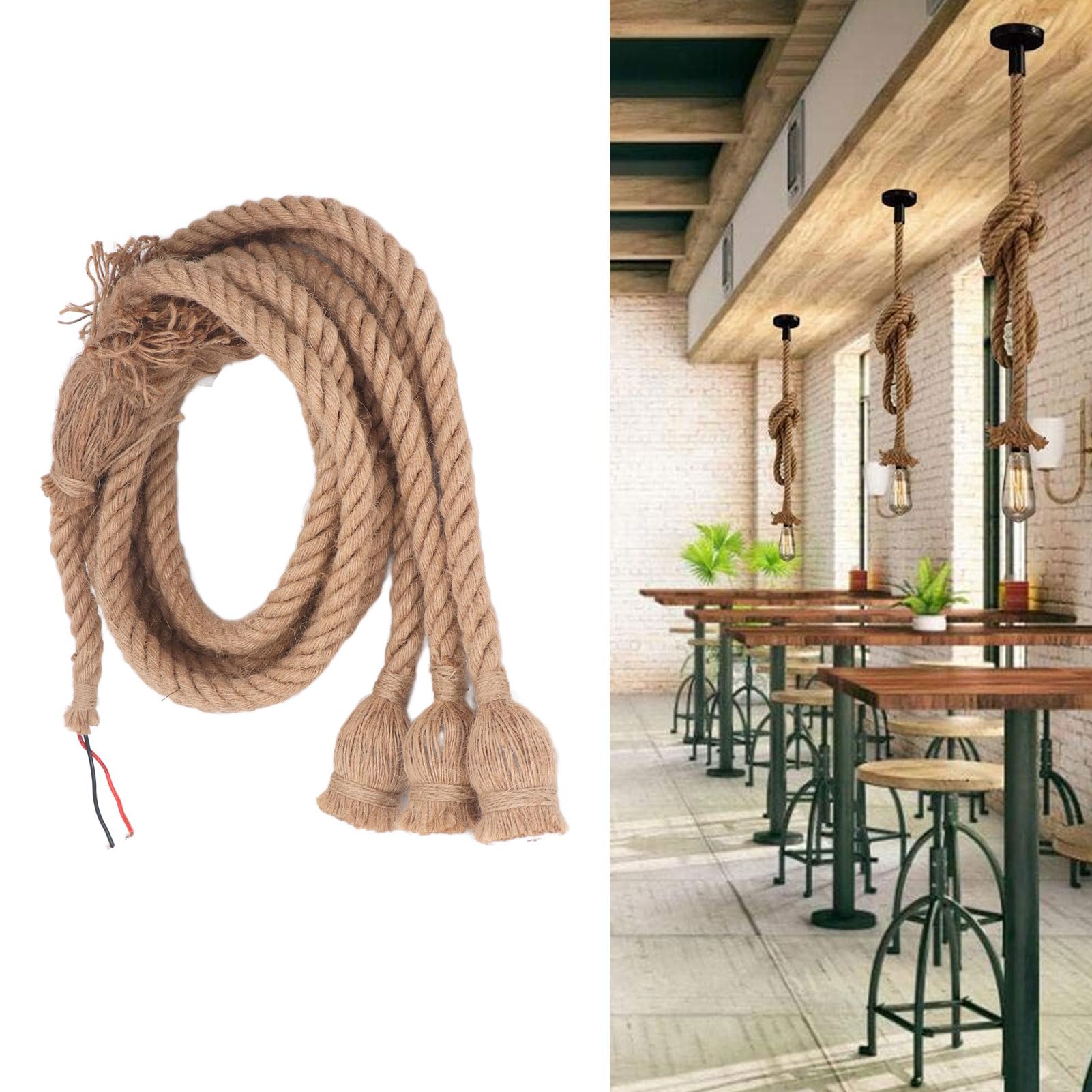 Lámpara Colgante Cuerda de Cáñamo Vintage, 3 Cabezas Cable de Luz Colgante de 6.6 Pies, Casquillo E26 E27 Accesorio de Iluminación Colgante para Restaurante Bar Granja Lámpara