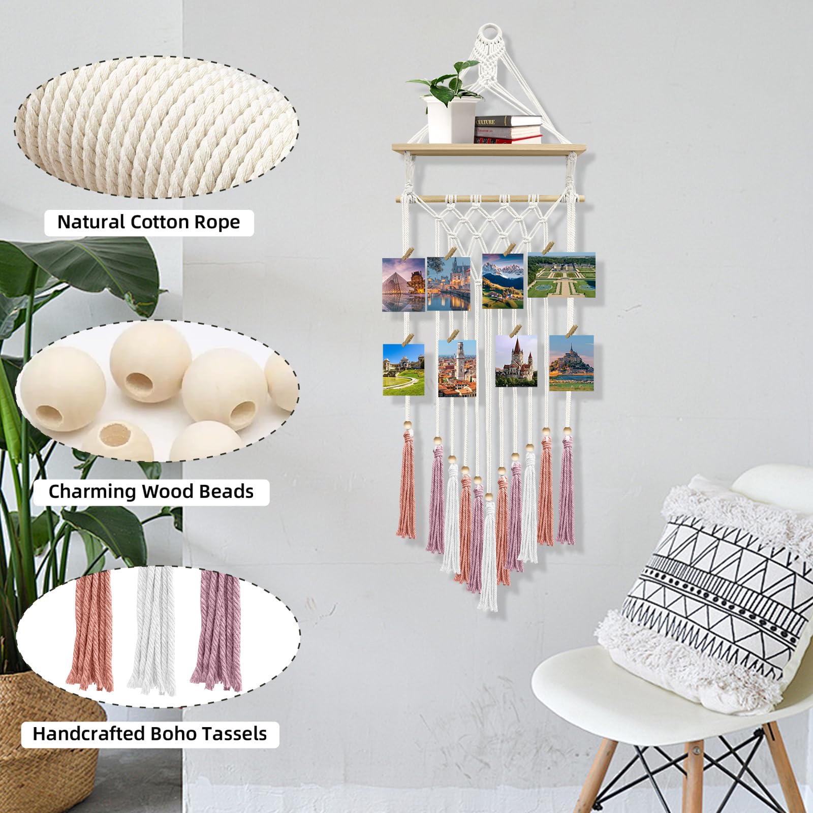 Makramee Wandbehang Bohemian Foto Display Halter mit Holzregal Quasten Dekorative LED Lichterketten Haken 20 Clips Boho Kunst Bild Karte Aufhänger Handgemachte Tapisserie Romantisches