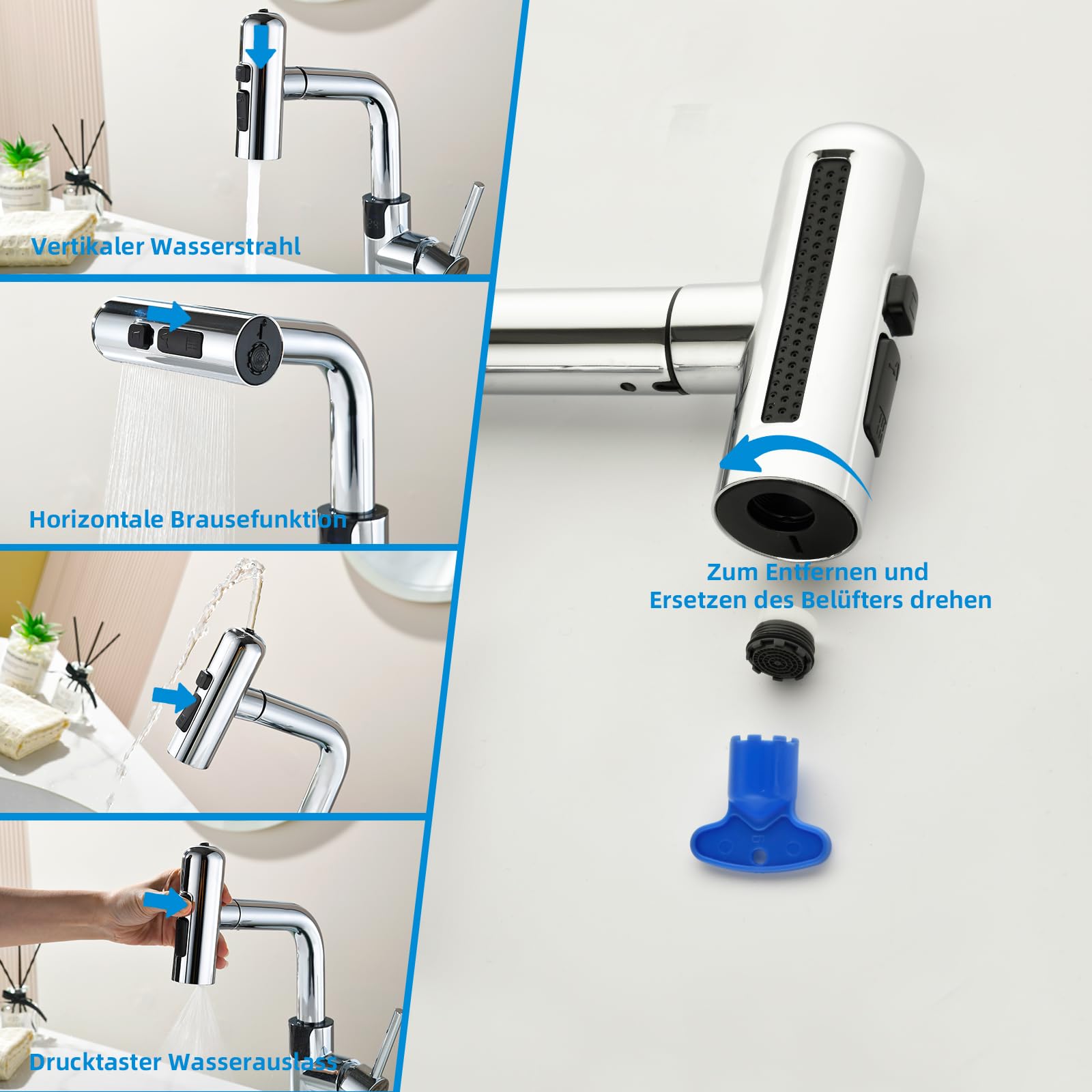 Rubinetto Bagno Lavabo Doccetta Estraibile Cromato LED Temperatura | Miscelatore Lavabo Bagno Mynaiad Monocomando con 4 Getti, Girevole 360°,Finitura Cromata Anti-impronte