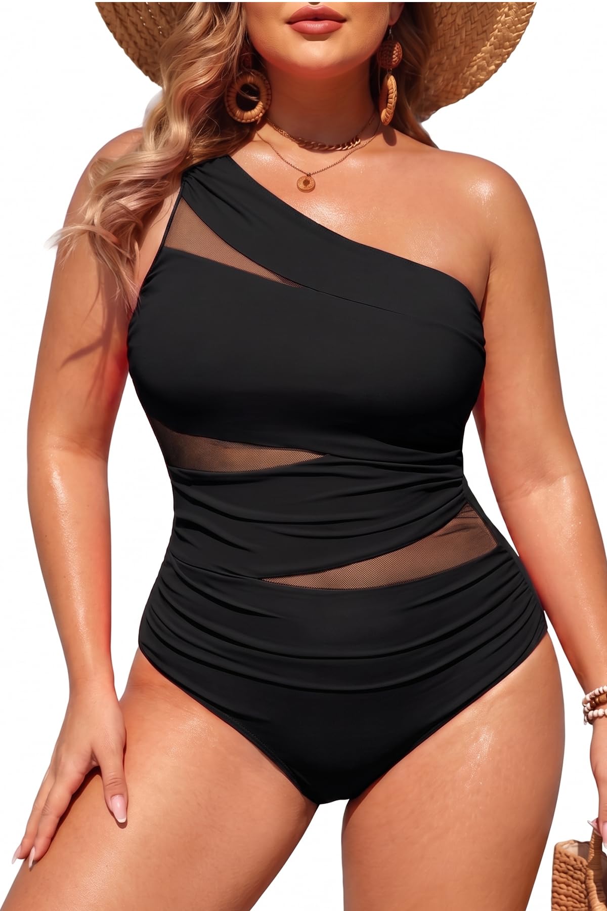Aqua Eve Plus Size One Piece Swimsuit for Women Tummy Control Bathing Suits One Shoulder Swimwear