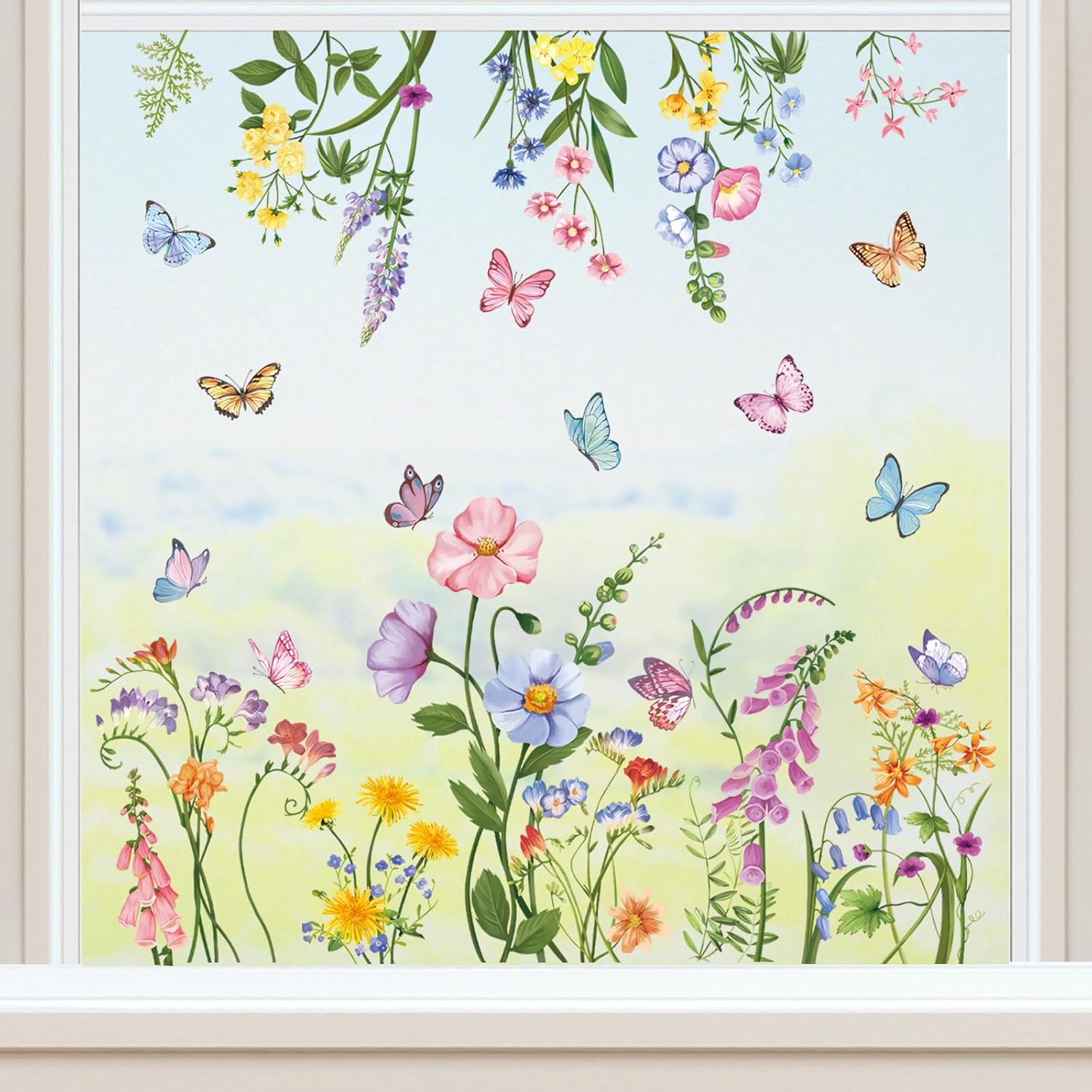 wondever Spring Garden Flower Window Clings Poppy Floral Butterfly