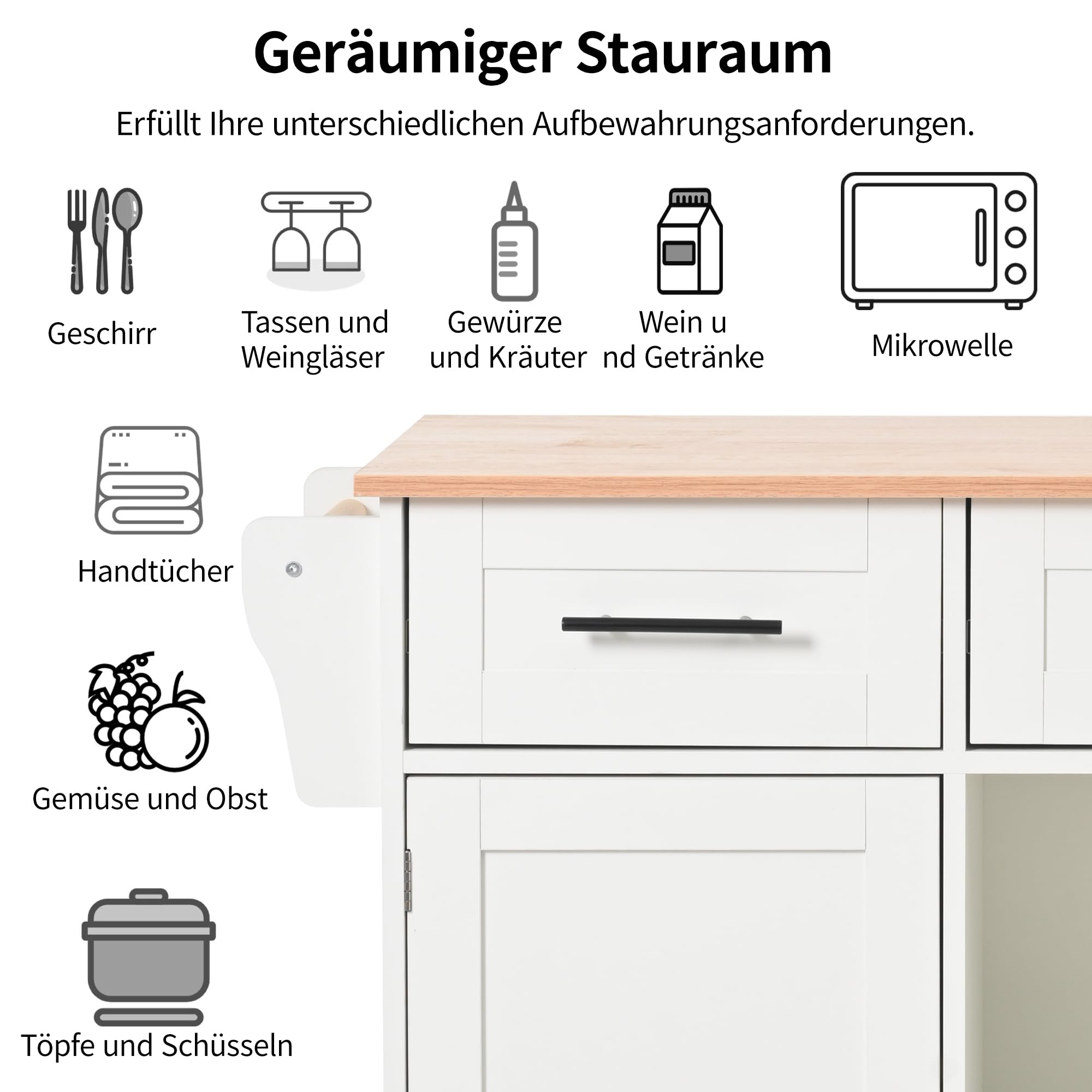 Küchenwagen, Kücheninsel Buffetschrank mit Arbeitsplatte klappbar und Rollen, Modern Küchenschrank, Servierwagen mit Verstellbares Regal, Gewürzregal und 3 Schubladen,139x46-71x91.5cm (Weiß)