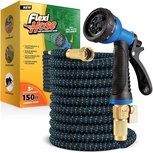 Flexi Hose Manguera de jardín expandible con boquilla de 8 funciones, 150 pies, manguera de jardín retráctil ligera, manguera de agua, flexibilidad