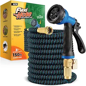 Flexi Hose with 8 Function Nozzle, 150FT - Lightweight Expandable Garden Hose, No-Kink Flexibility, 3/4 Inch Solid Brass Fittings and Double Latex Core