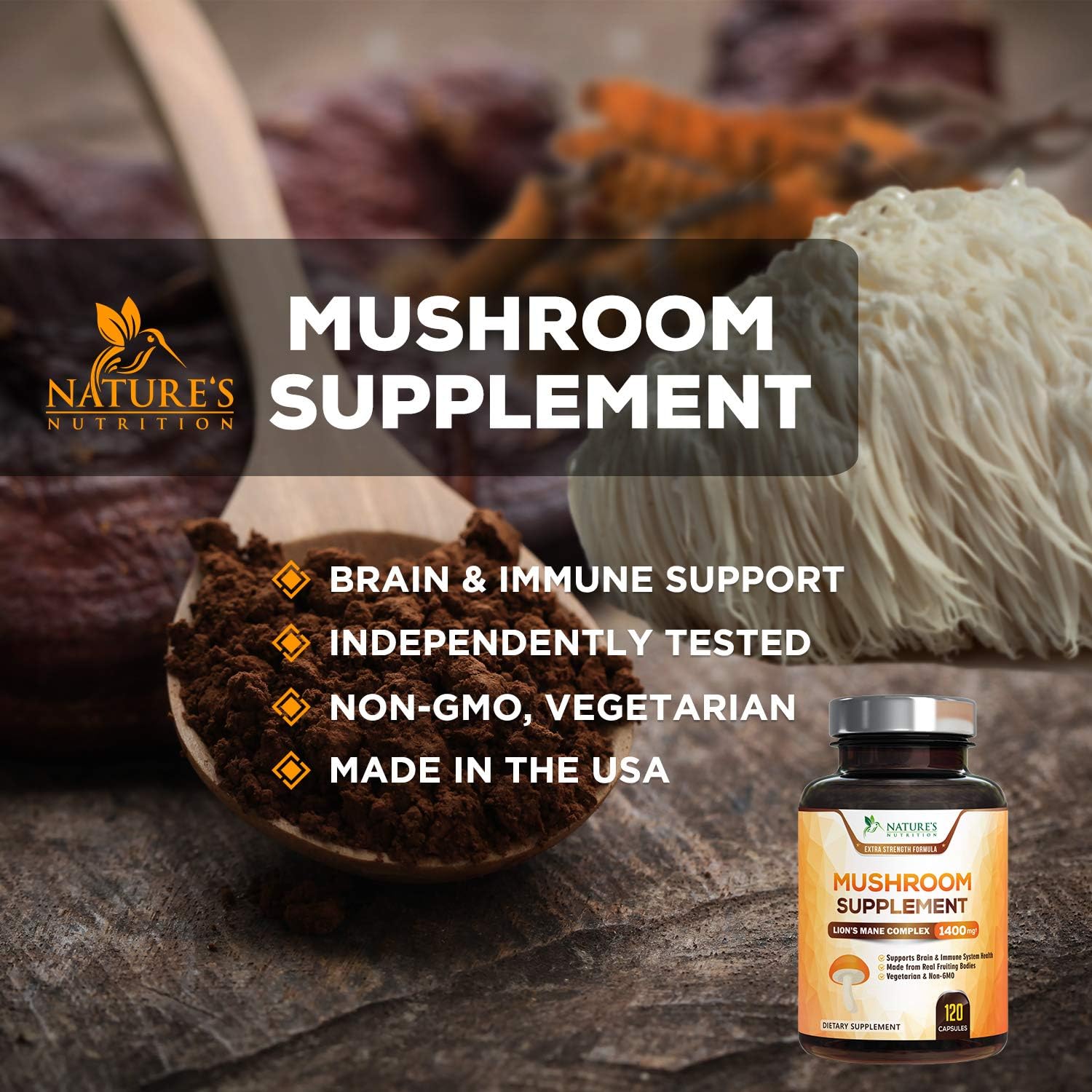 Mushroom Supplement - 5 Mushrooms Complex with Reishi, Lions Mane, Maitake, Chaga - Immune Support and Brain Support - Natural Nootropic for Energy - Support Memory and Focus - 120 Capsules