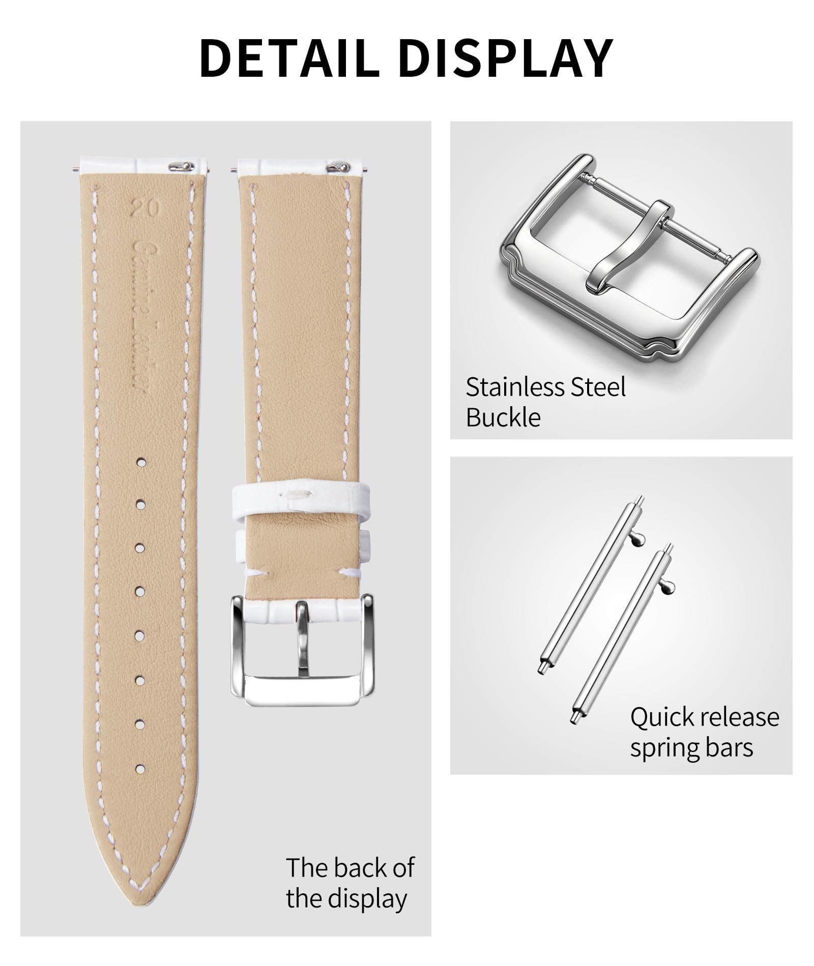 BINLUN Bracelet de Montre en Cuir Véritable Remplacement Bracelets Montres à Dégagement Rapide pour Homme Femme avec 10 Couleurs (10mm,12mm,14mm,15mm,16mm, 17mm,18mm,19mm,20mm,21mm,22mm,23mm) - 3