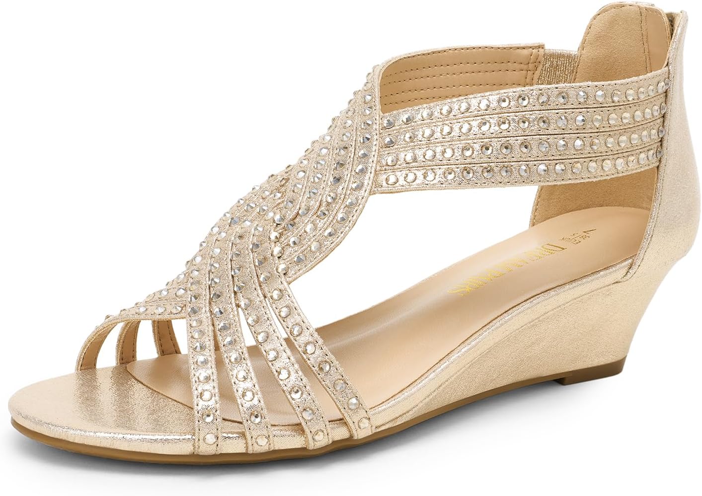 DREAM PAIRS Women's Open Toe Low Wedges Sandals, Rhinestone Strappy Zipper Dress Shoes, Summer Wedding Party Travel Shoes