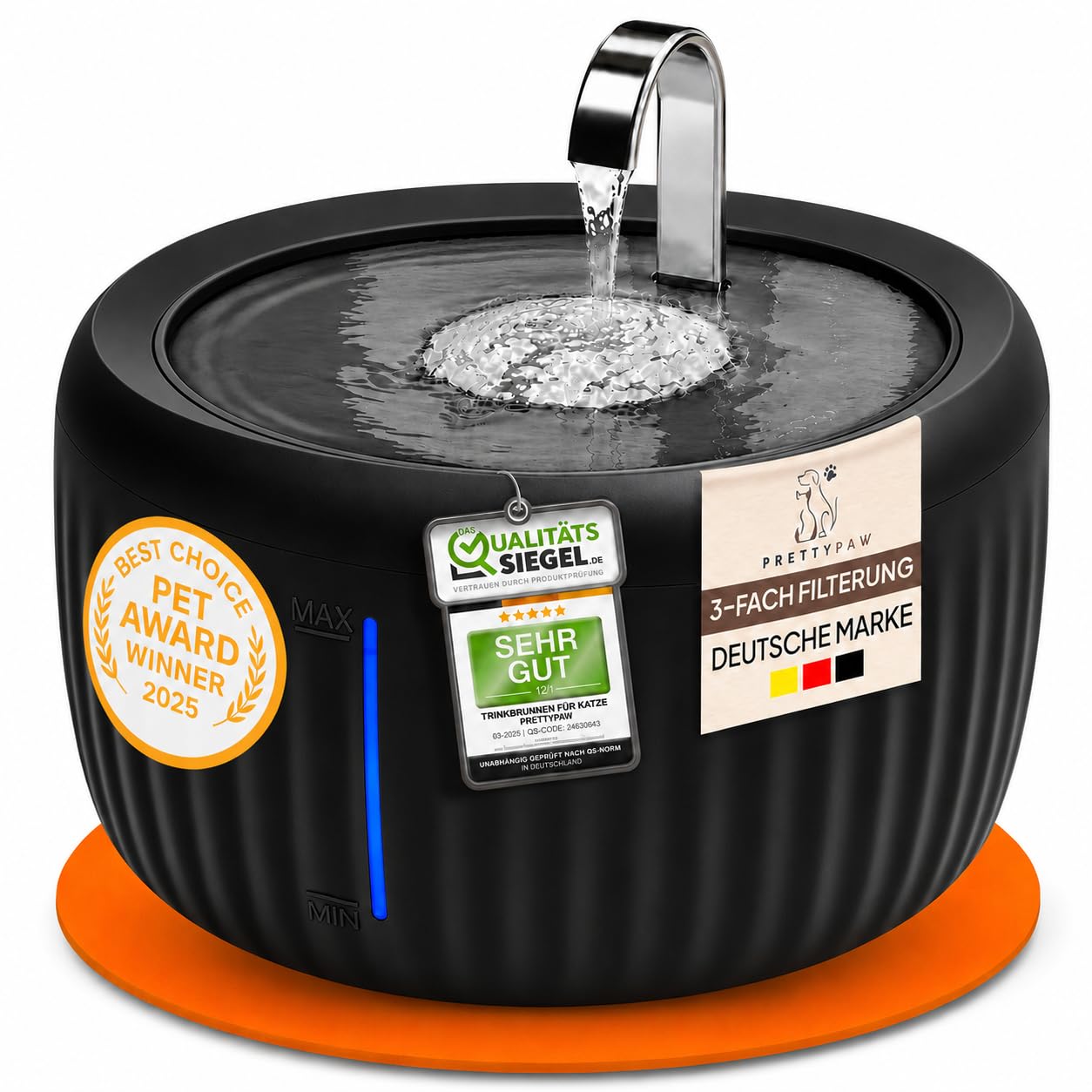 PrettyPaw Katzenbrunnen - Super leiser, BPA-freier 3L Trinkbrunnen für Katze mit LED und Aktivkohlefilter - Leicht zu reinigender Katzen Trinkbrunnen - Aqua Flow (Schwarz)