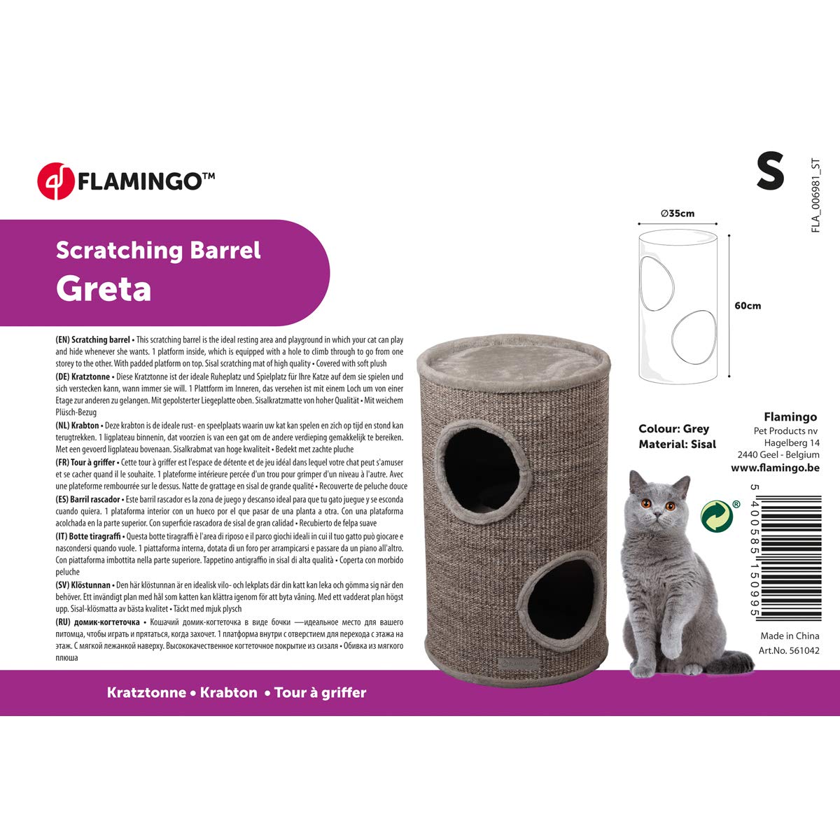 griffoir pour Chat – Tonneau à Gratter pour Chat - Flamingo Greta S - 60 cm Hauteur – Ø 35 cm - Gris & Naturel & Marron Clair