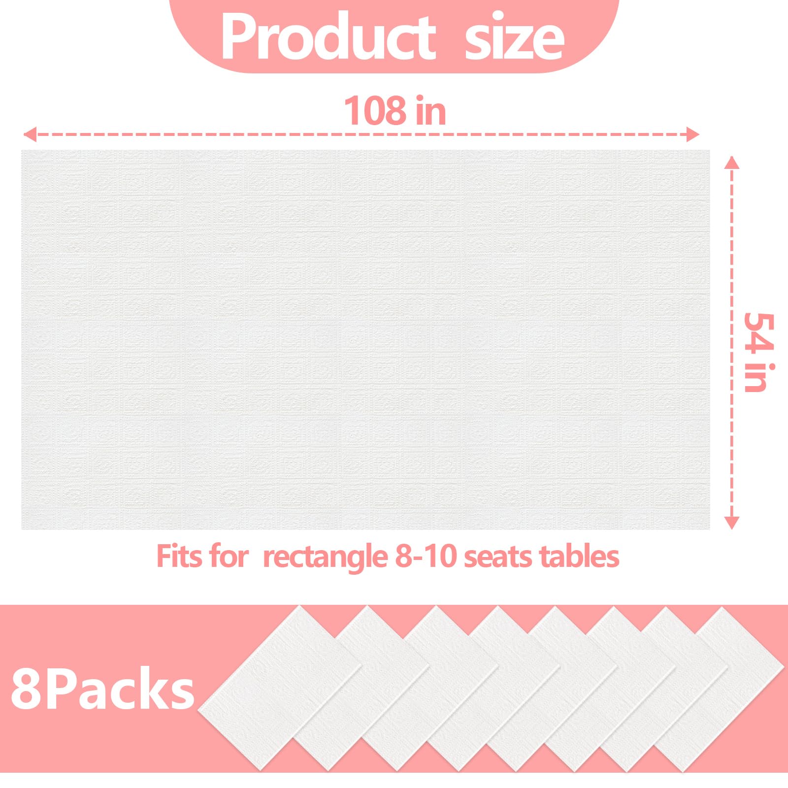 Manteles de papel para mesas rectangulares, paquete de 8 manteles desechables de papel blanco, mantel de 3 capas de papel y plástico de calidad para fiestas, bodas, cumpleaños (54 x 108