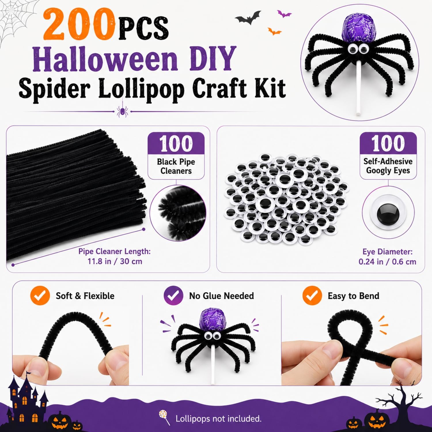 Chalyna 200 Pcs Halloween Spider Lollipop DIY Craft Kit Pipe Cleaners Set
