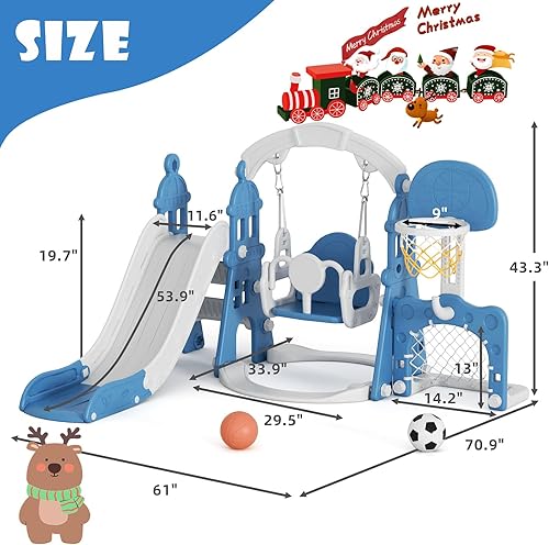 Miniatura 7 de XJD Juego de toboganes y columpios 6 en 1 para niños pequeños de 1 año, juego para exteriores con aro de baloncesto, marco de fútbol, columpio,