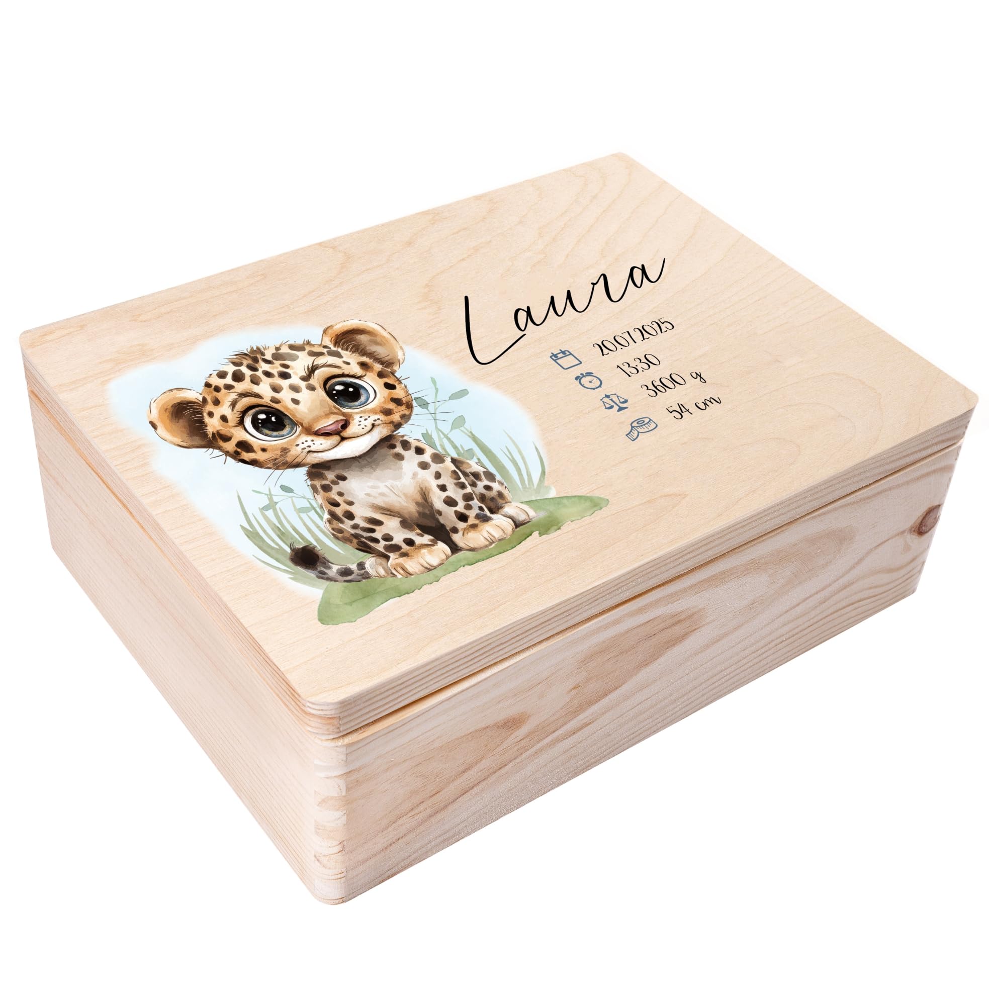 Creative Deco Beige Personalised Baby Memory Box Souvenir Box - Wild Animals Tiger | Custom Keepsake Boxes | Customised Wooden Storage Box With Hinged Lid
