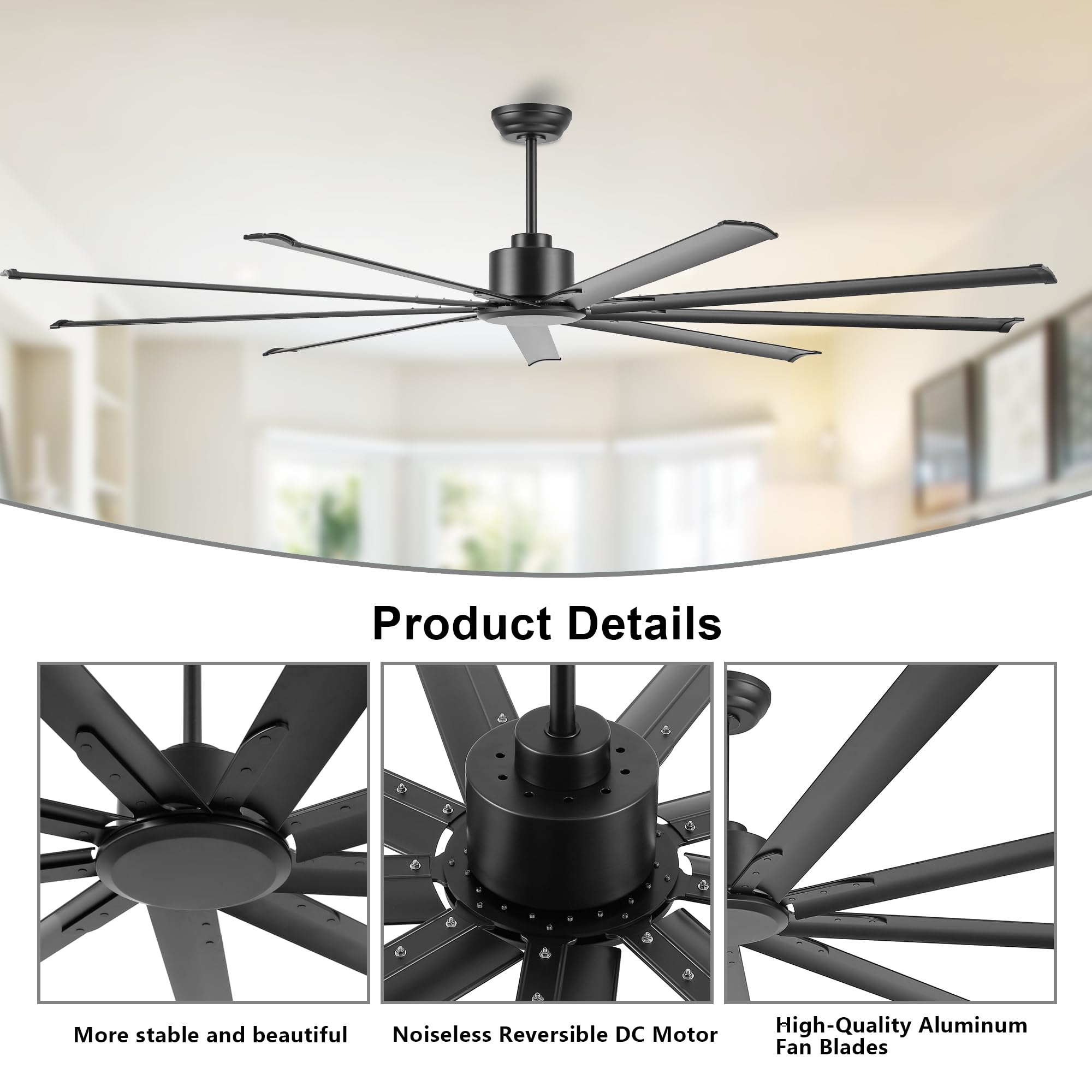 96 Ceiling Fan No Light Black Reversible DC Motor 6 Speed Remote Control Industrial 9 Aluminum Blades with — view 4