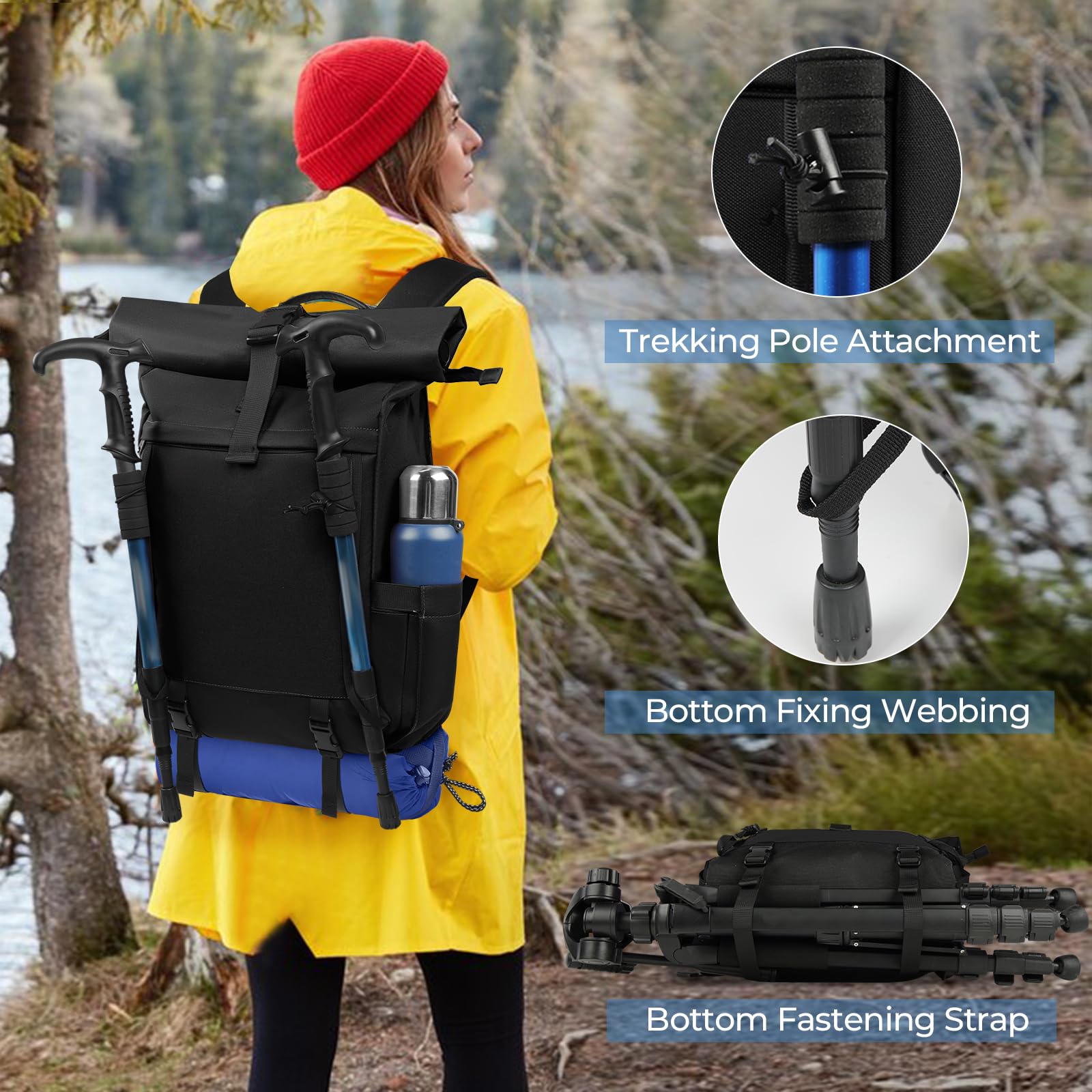 RAINSMORE Rolltop Rucksack Damen Herren, Rucksack Wasserdicht, Laptop Rucksack 17 Zoll Groß Reiserucksack Daypacks Backpack Wanderrucksack Schwarz